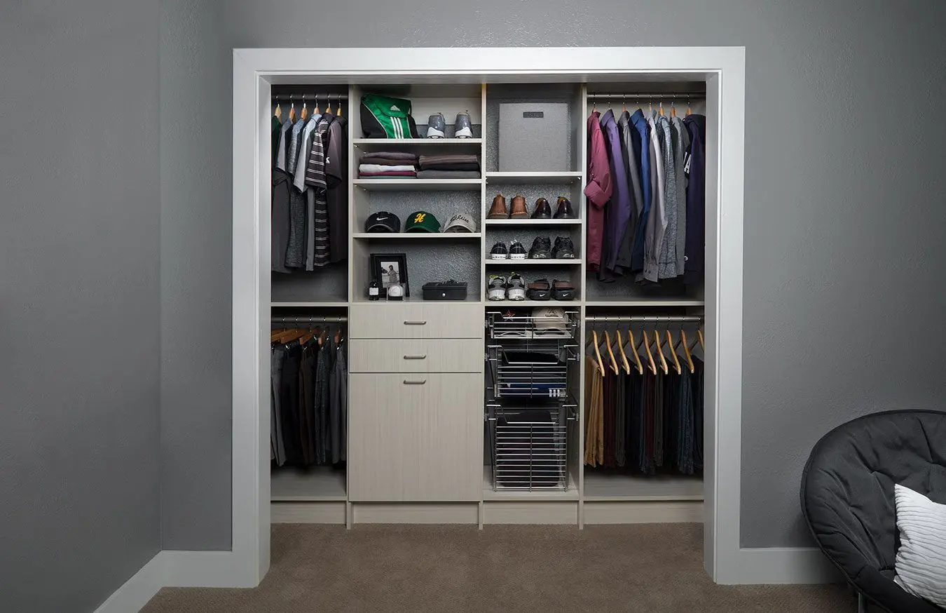 Arctic textured light finish custom closet Pembroke Pines project with modern shelving units