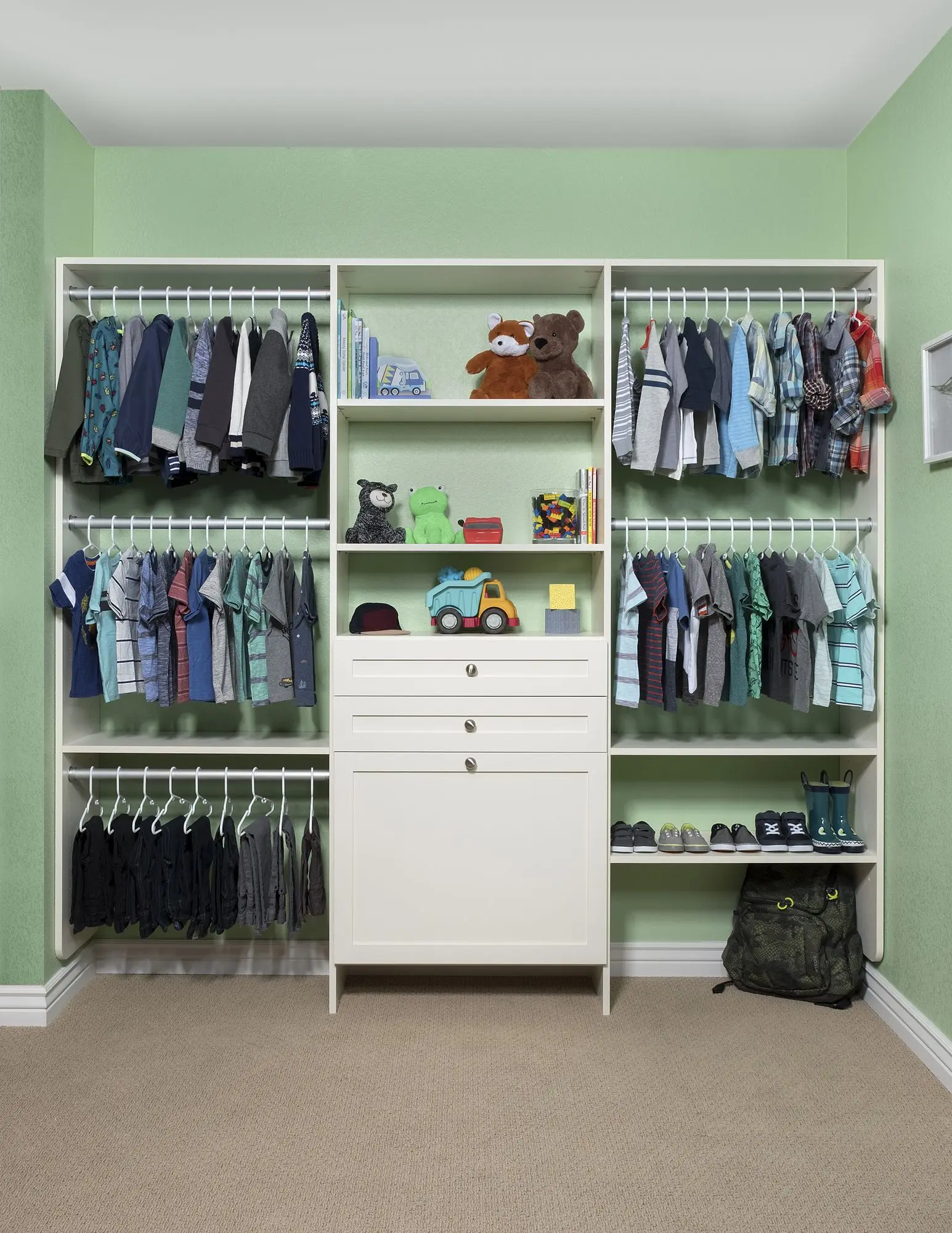 Custom closets systems near me designed with a modern grey textured color profile