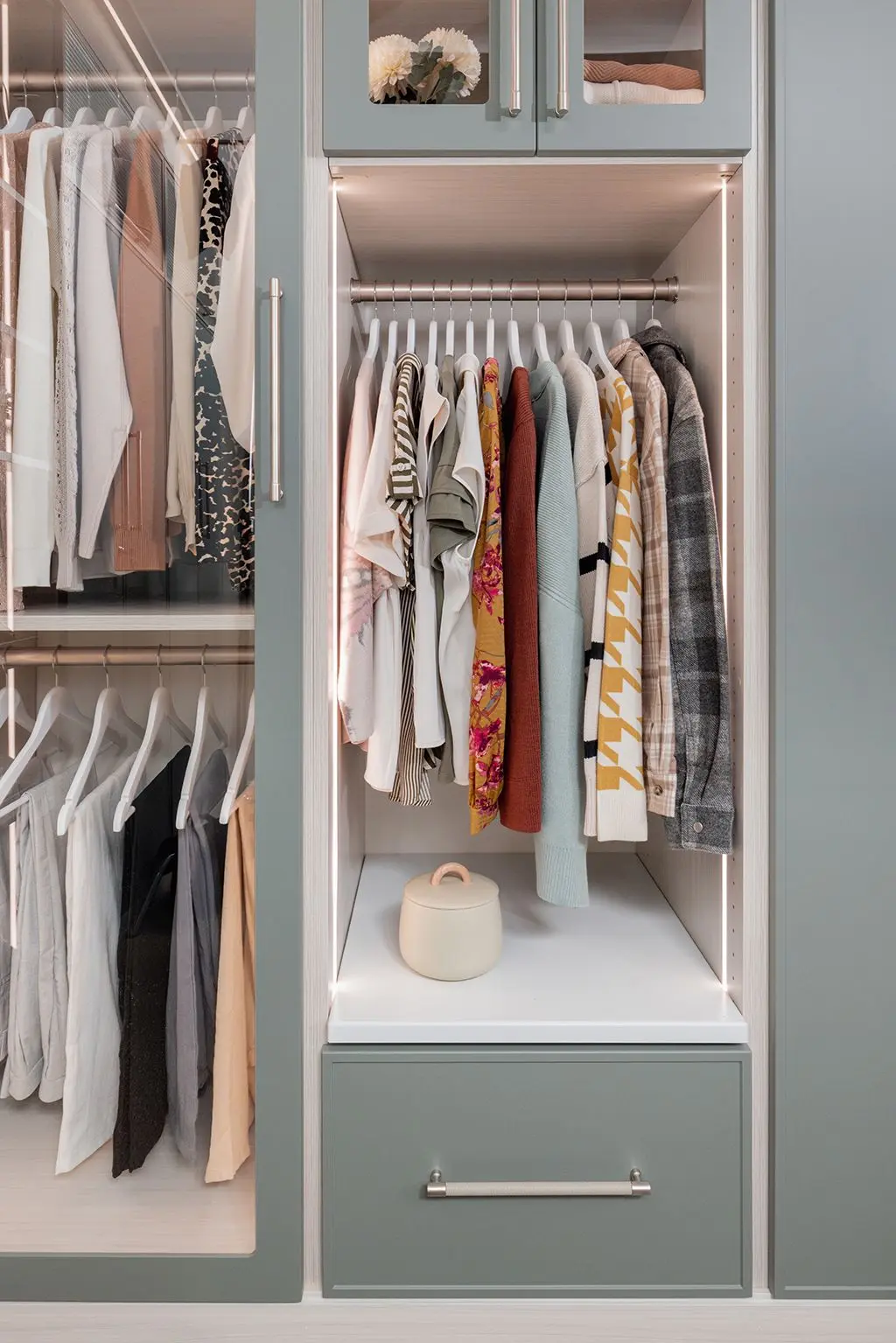 Luxury boutique walk in closet organization system installed in Coral Springs