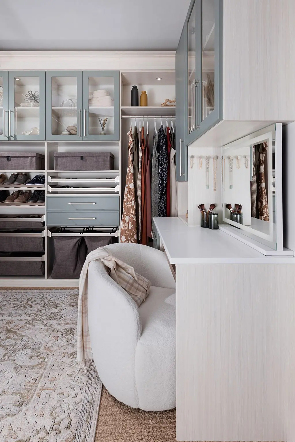 Custom wardrobe closet design with built-in dressing table and vanity mirror