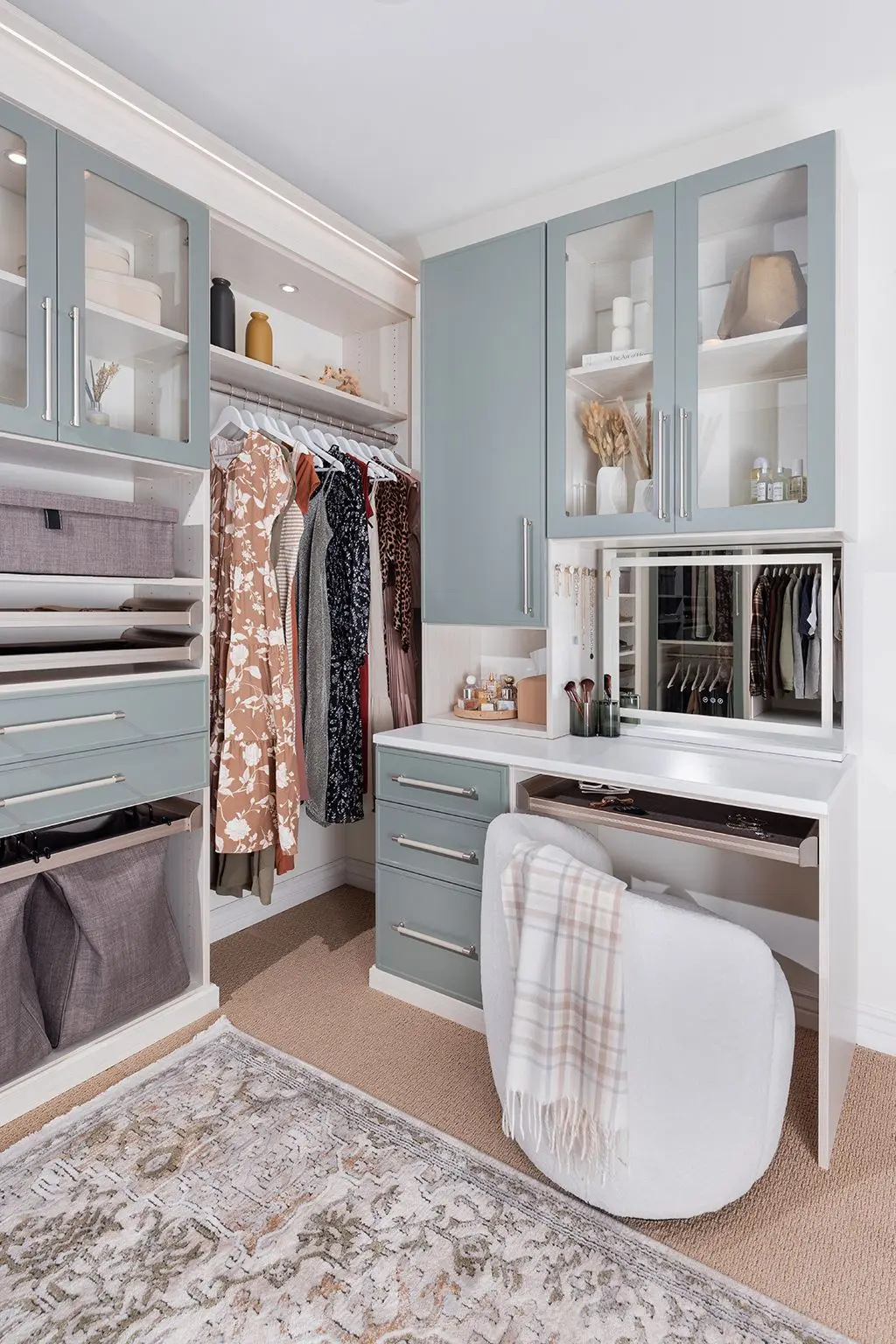 High-end master custom closet design project in Parkland featuring modern finishes