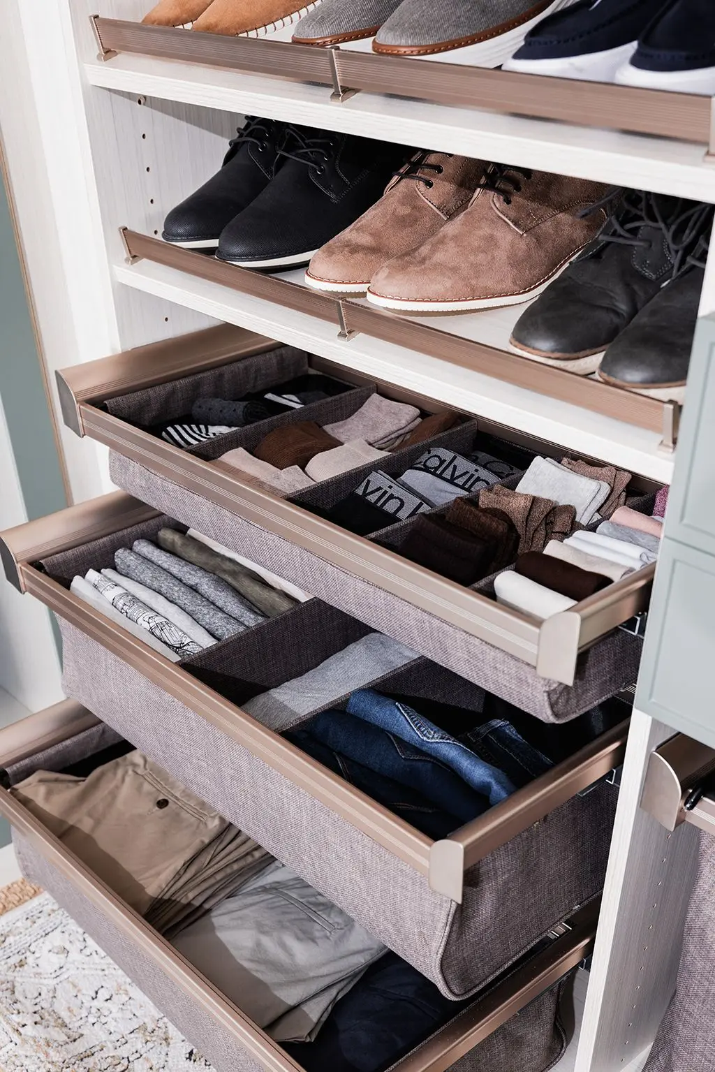 Deep closet organizer drawers and premium clothing storage layouts