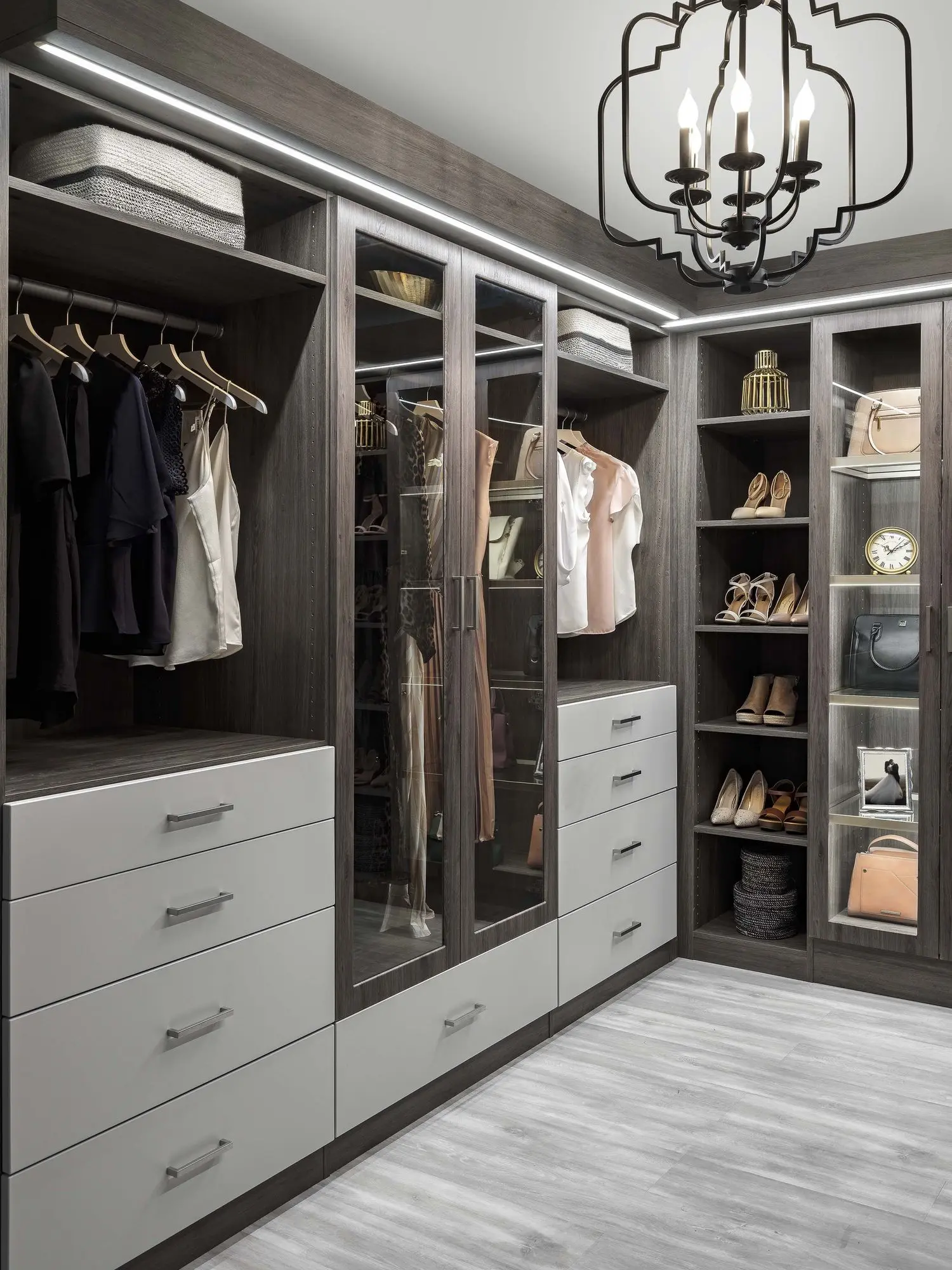 Premium walk in closet organizer setup with light ash shelving in Parkland