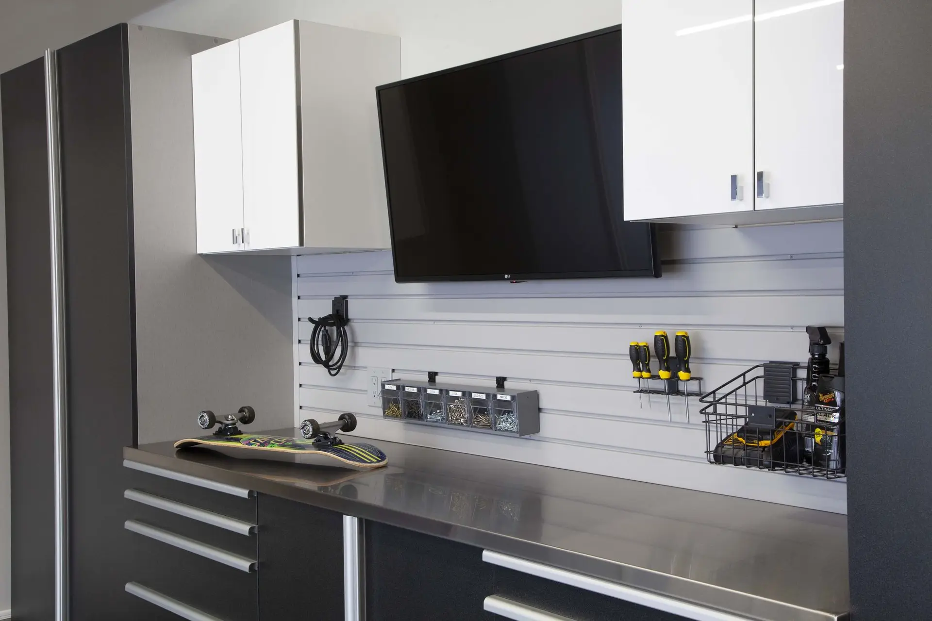 Heavy duty basalt garage storage cabinets and modular workbench setups near me