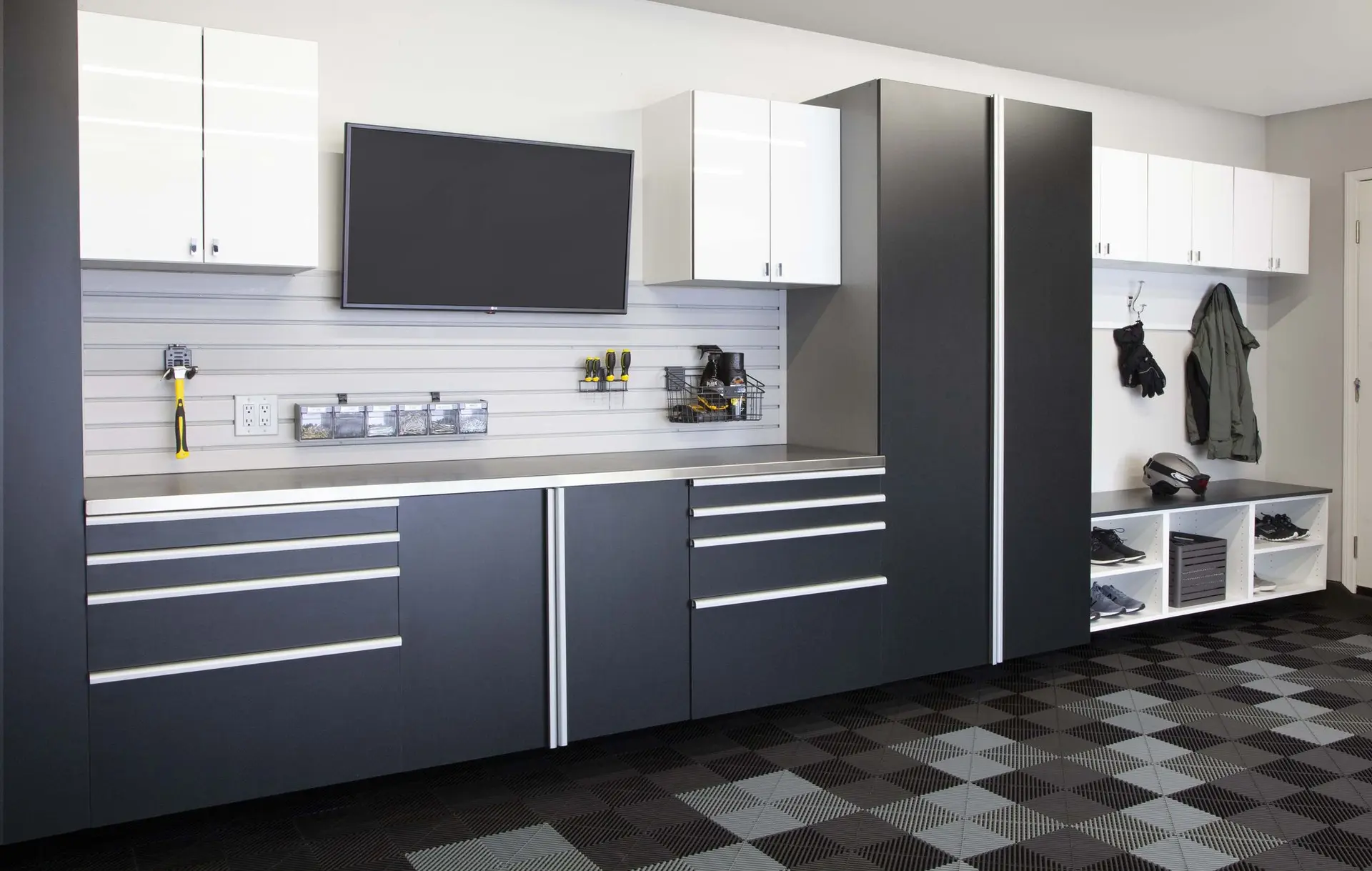 Custom basalt garage cabinetry and tool organization layout completed in Fort Lauderdale