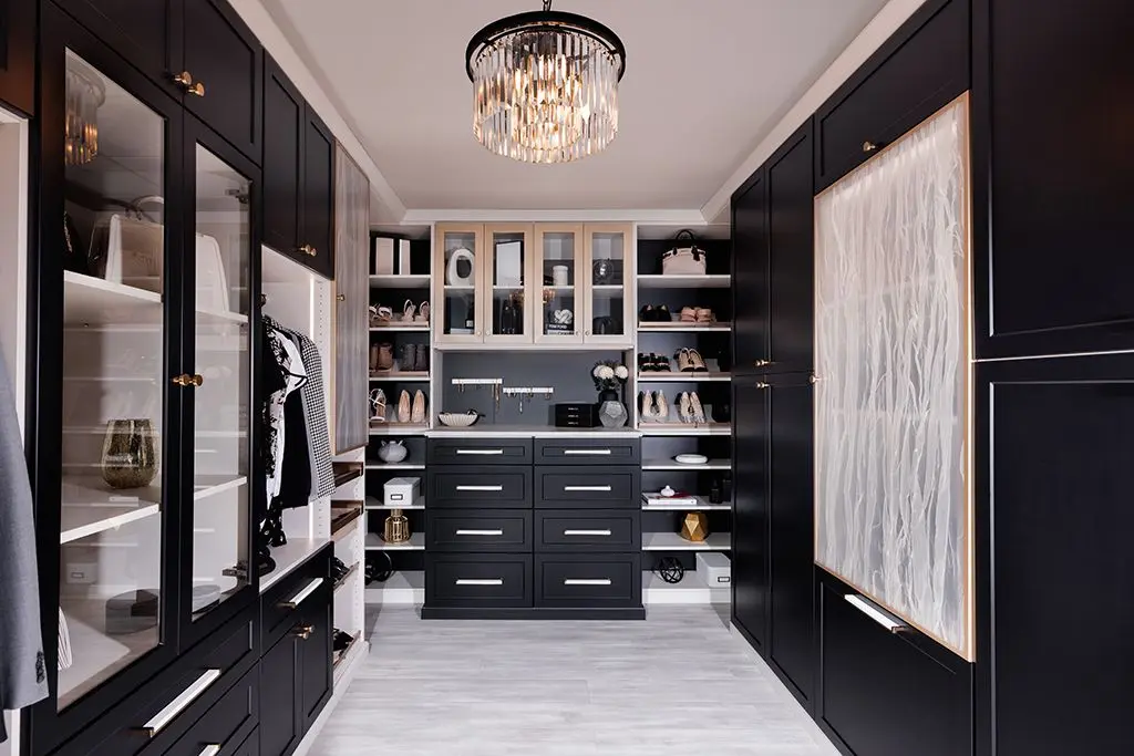 Premium black custom closets Broward County FL installation featuring modern accent lighting