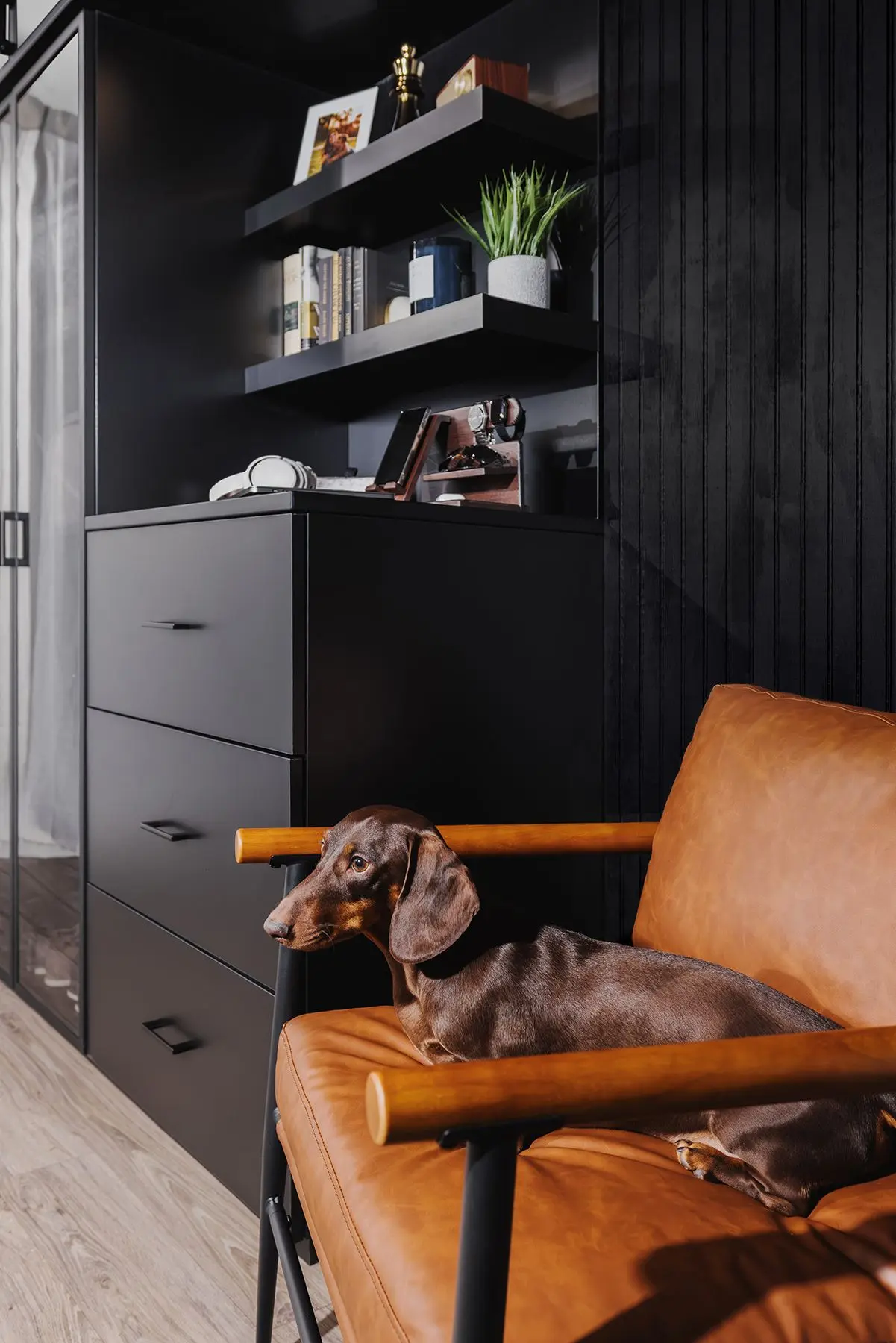 Modern corner wardrobe closet design with dark finish panels and seamless handles