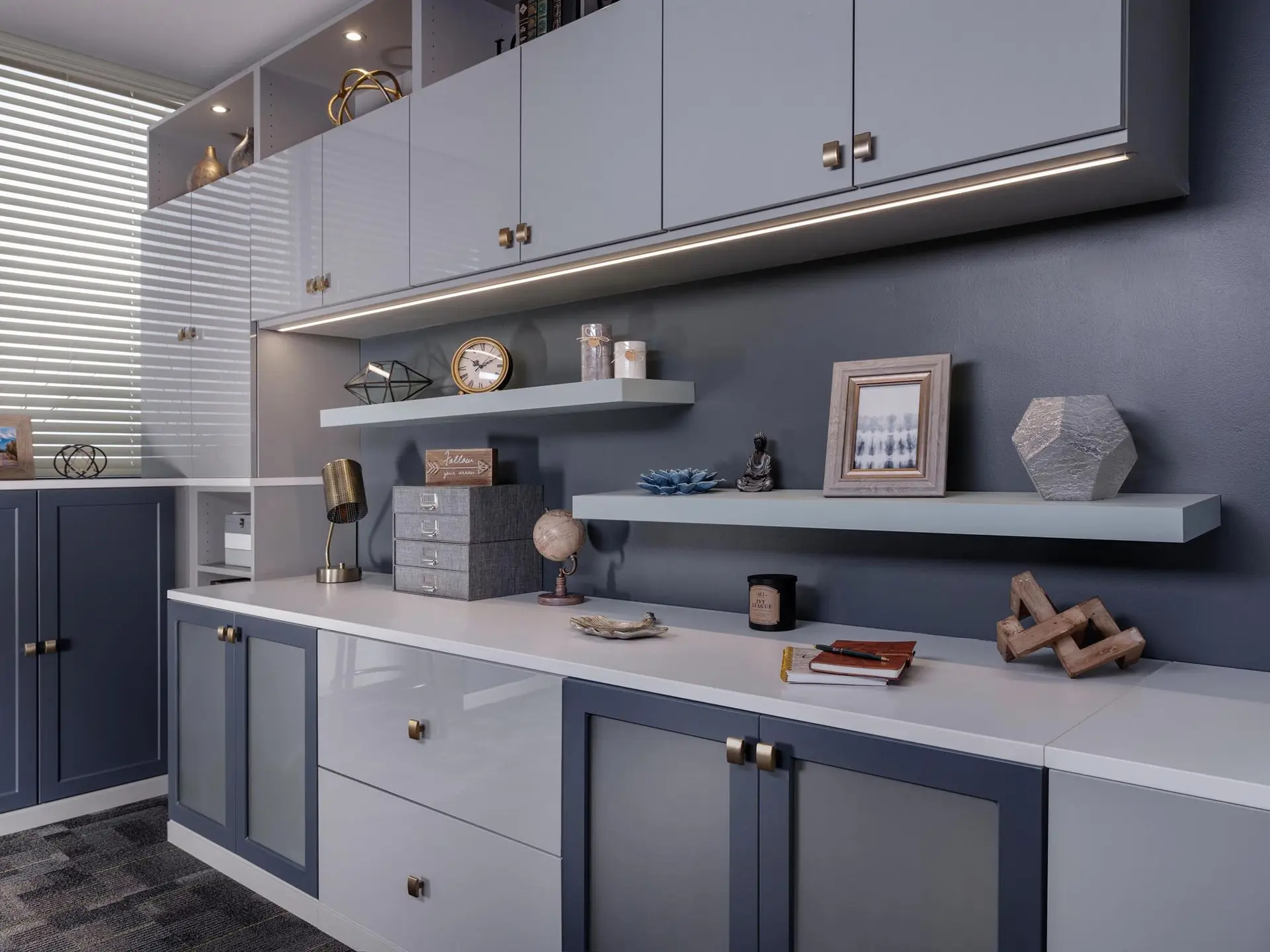 Modern home office custom cabinetry with light gray upper shelves and built in LED lighting