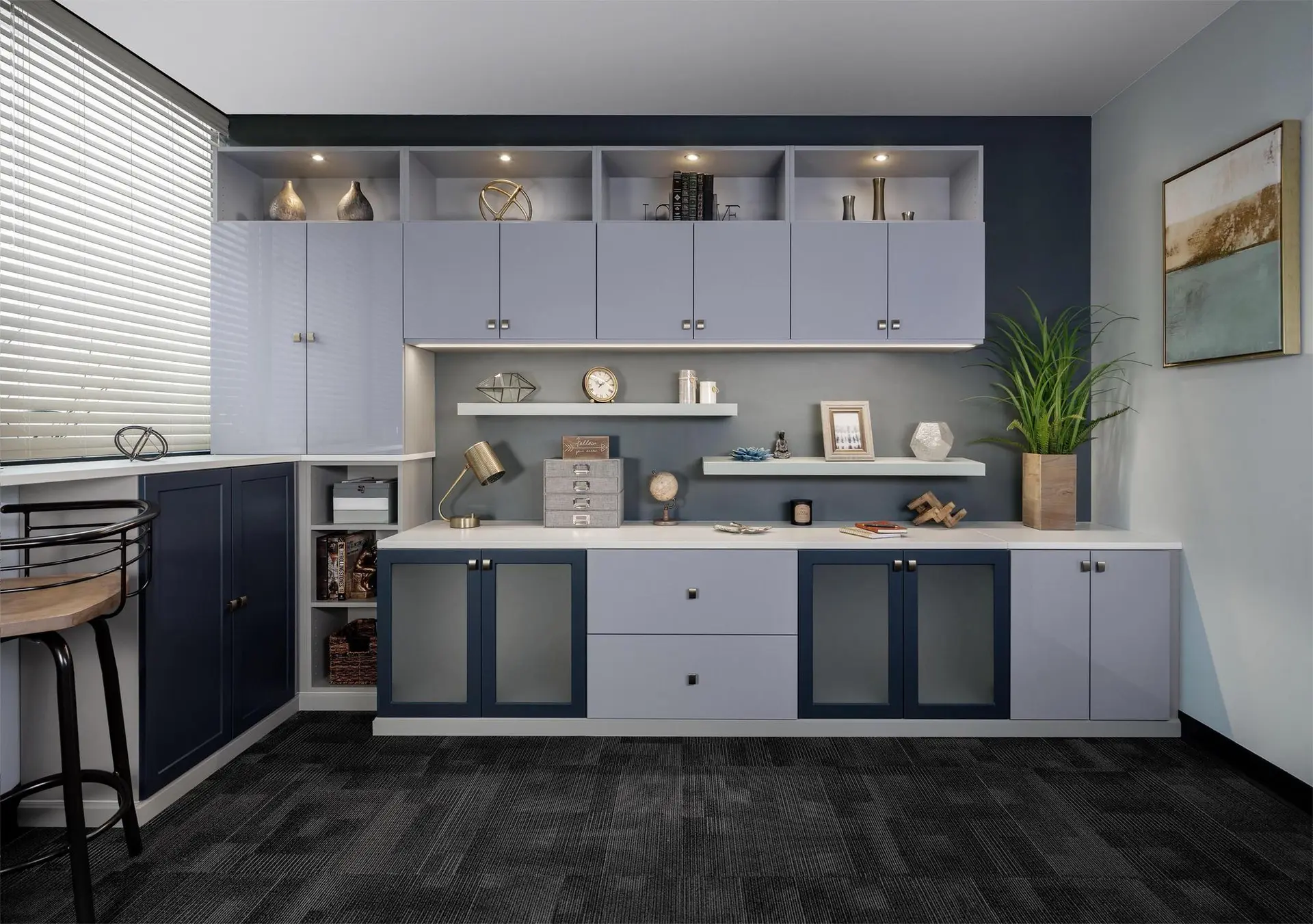 Sleek custom home office desk and slate blue storage cabinets in Boca Raton