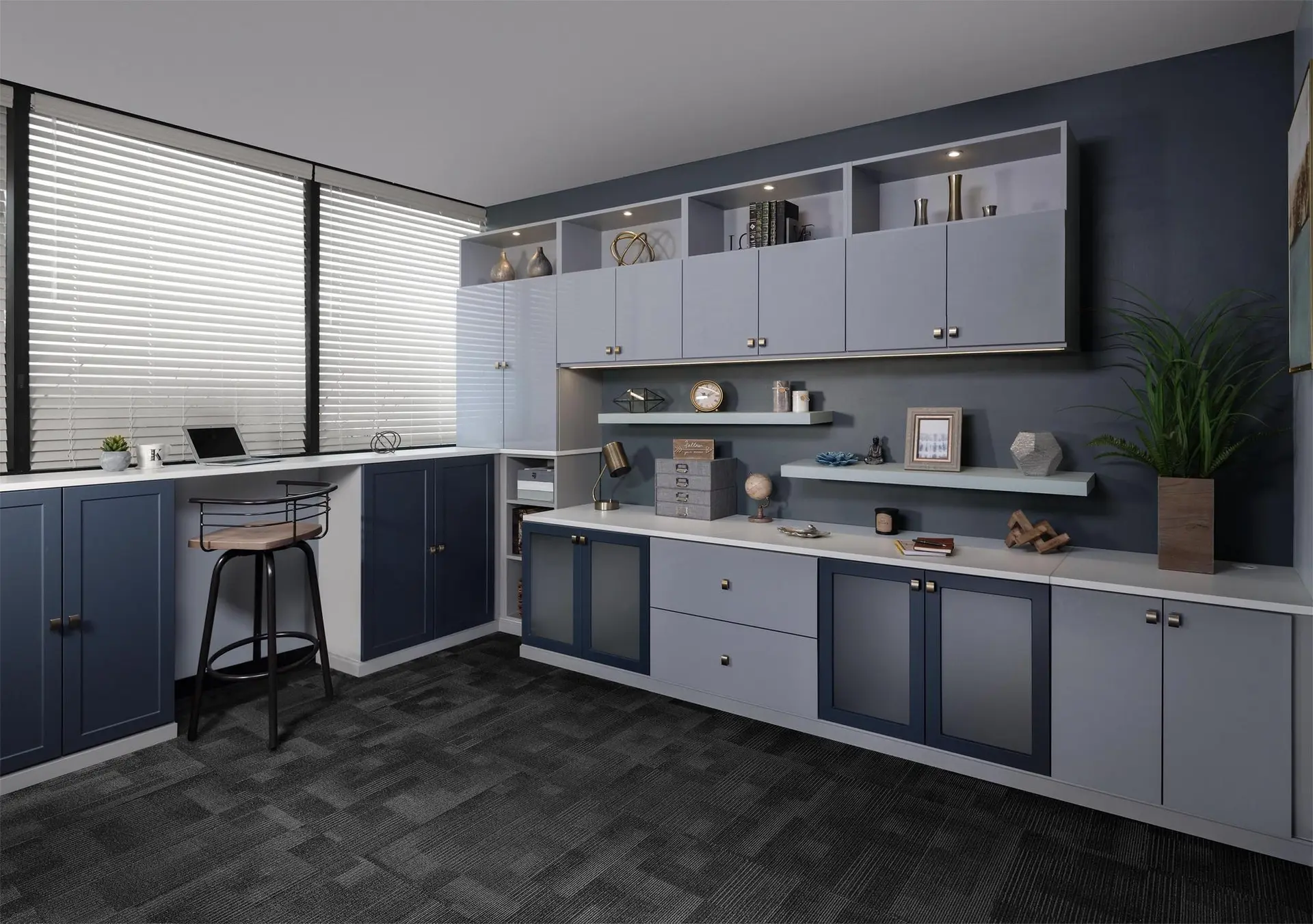 Custom built in home office workstation with a two tone cabinet design and window view