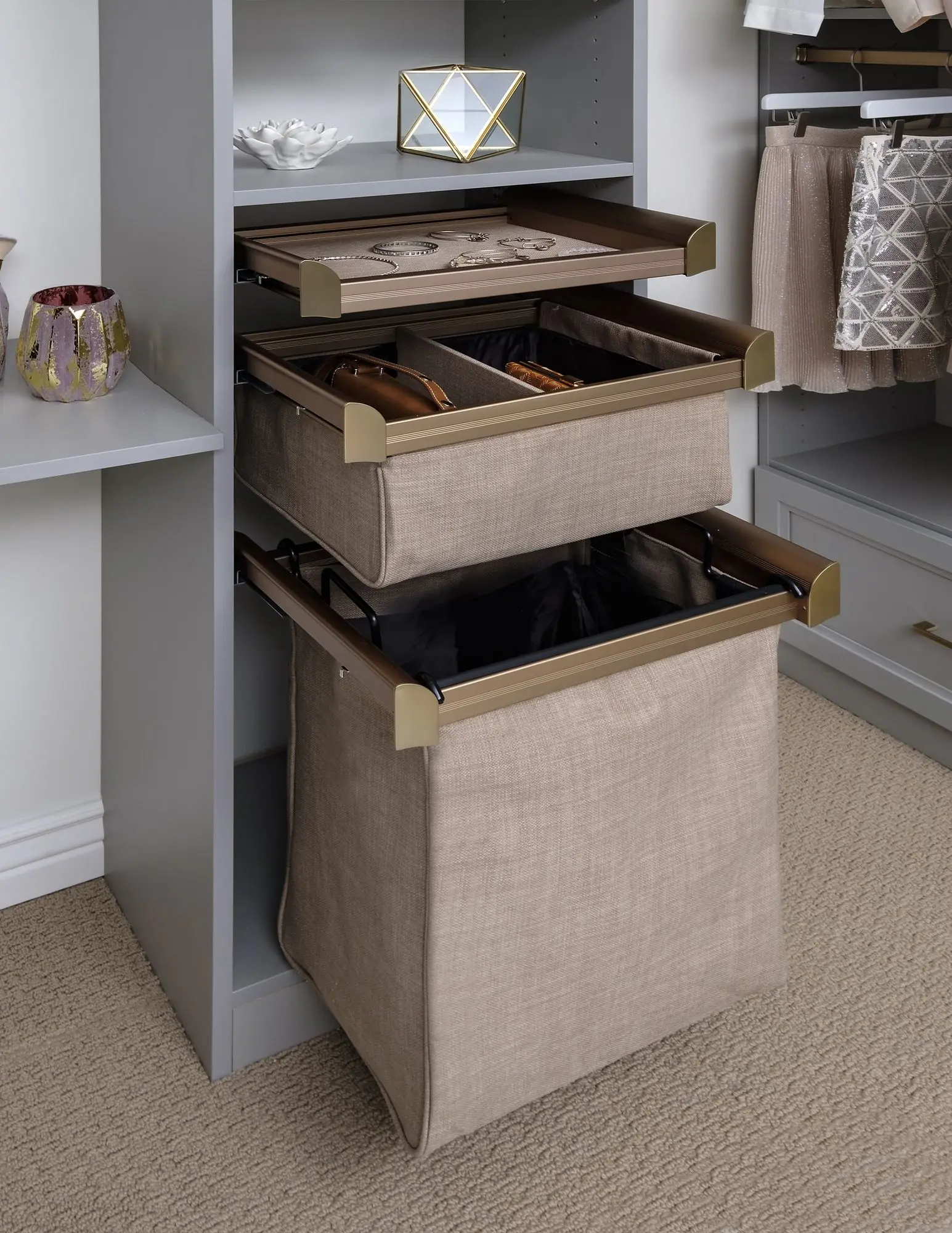 Luxury custom closet design project featuring a modern white island built in Weston FL
