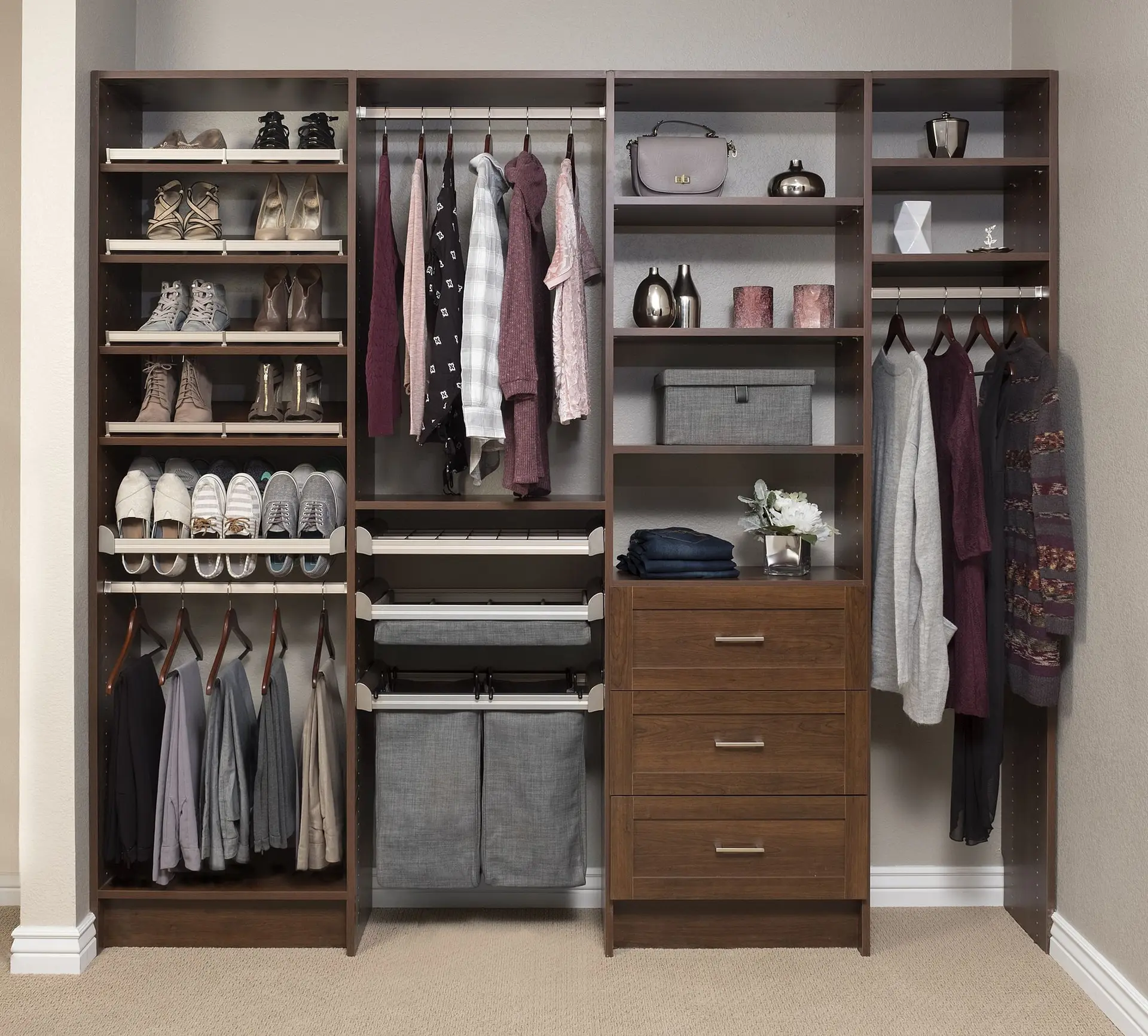 Custom closet design featuring premium deep chocolate wood finishes for South Florida homes