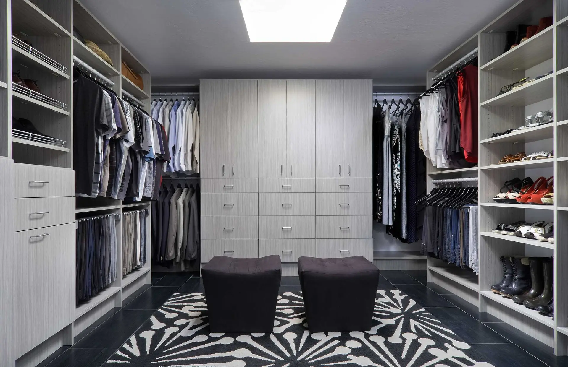Premium closet organizer system featuring contemporary grey shelving units