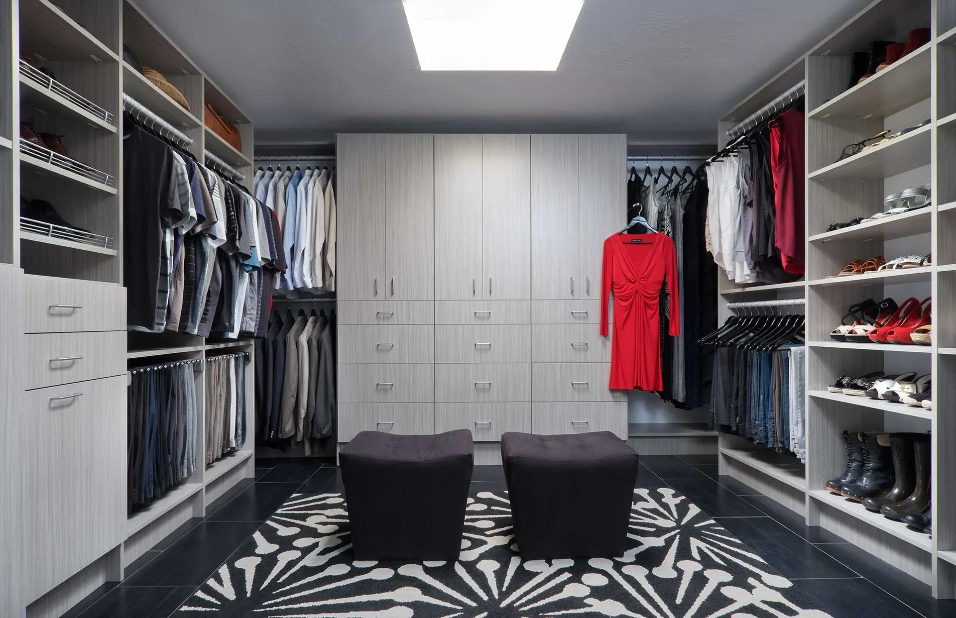 Custom contemporary boutique walk in wardrobe setup with elegant grey finishes in Pembroke Pines