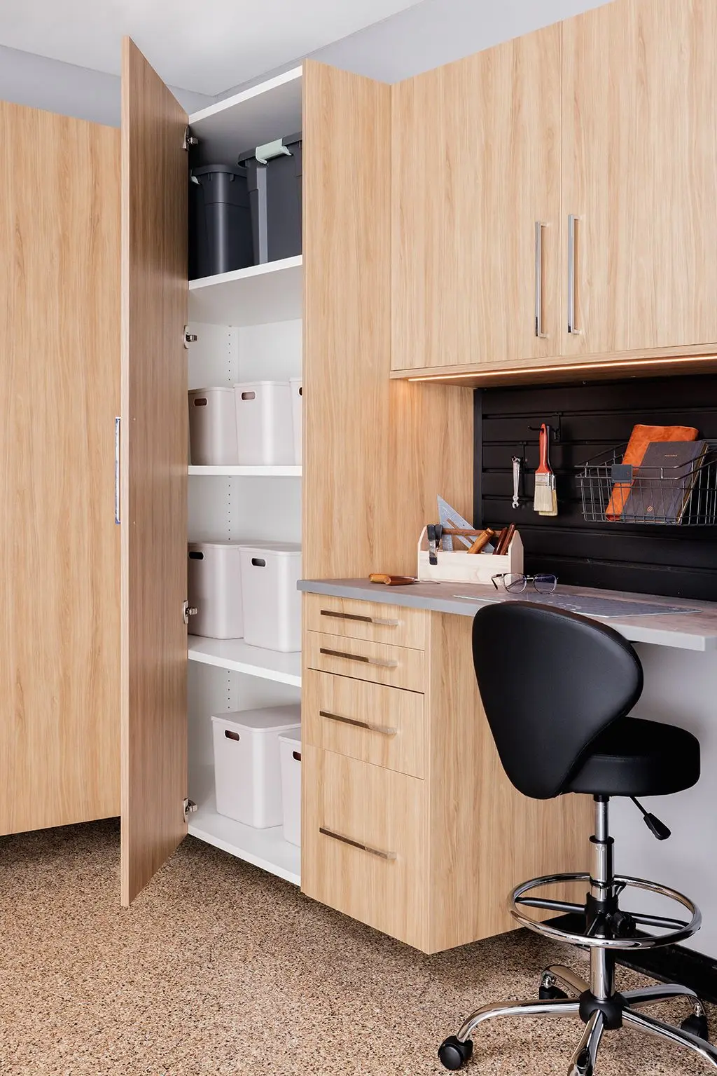 all Dakota finish garage closets providing clean hidden home storage space