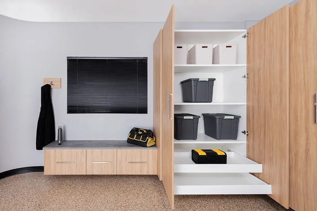 Premium wood look custom garage cabinets and workstation setups near me