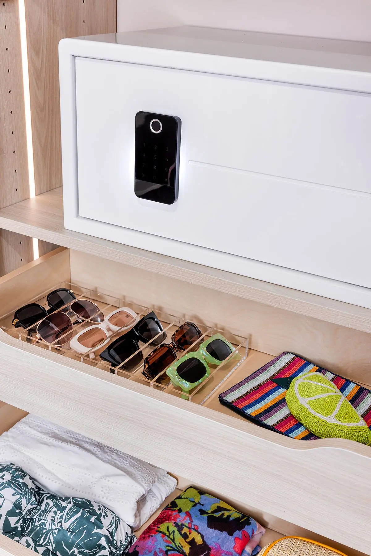 Dune finish custom closet organizer system featuring scoop drawers