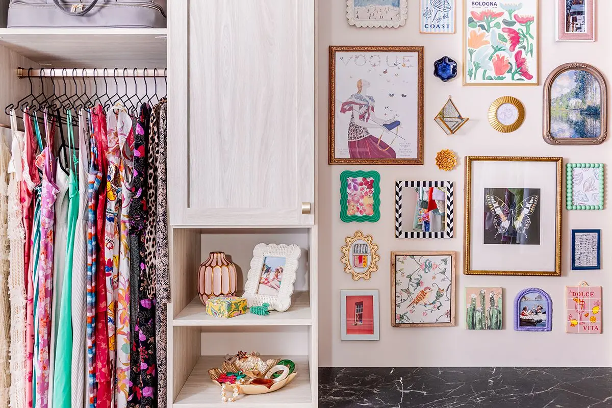 Bespoke home organization system featuring warm Dune tone cabinetry drawers