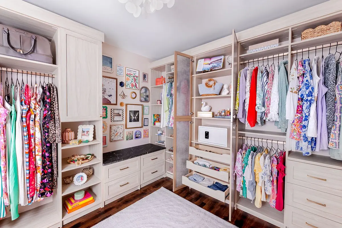 Luxury walk-in closet systems Broward County FL design with integrated LED lighting