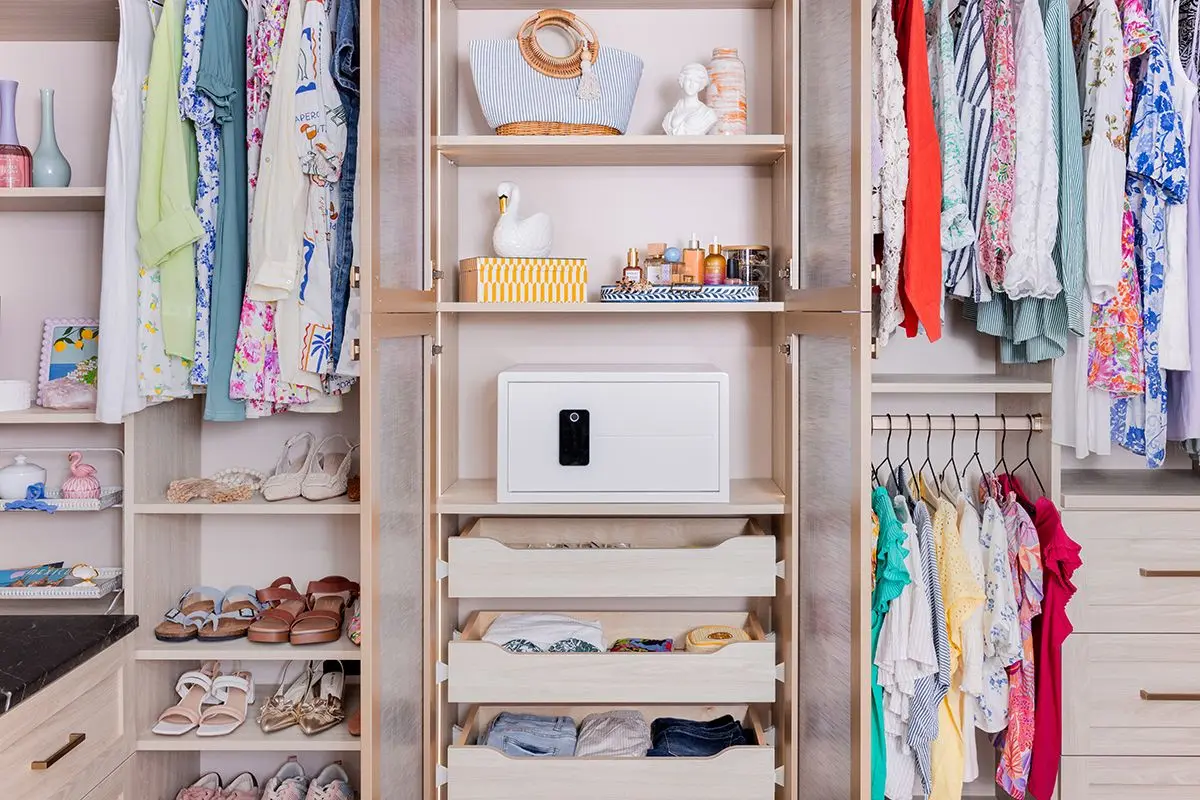 Custom closet systems near me featuring deep double-drawer storage units