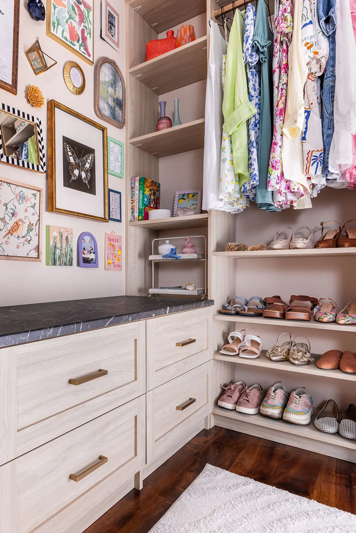 Spacious wardrobe layout in Dune finish with built-in clothing rods