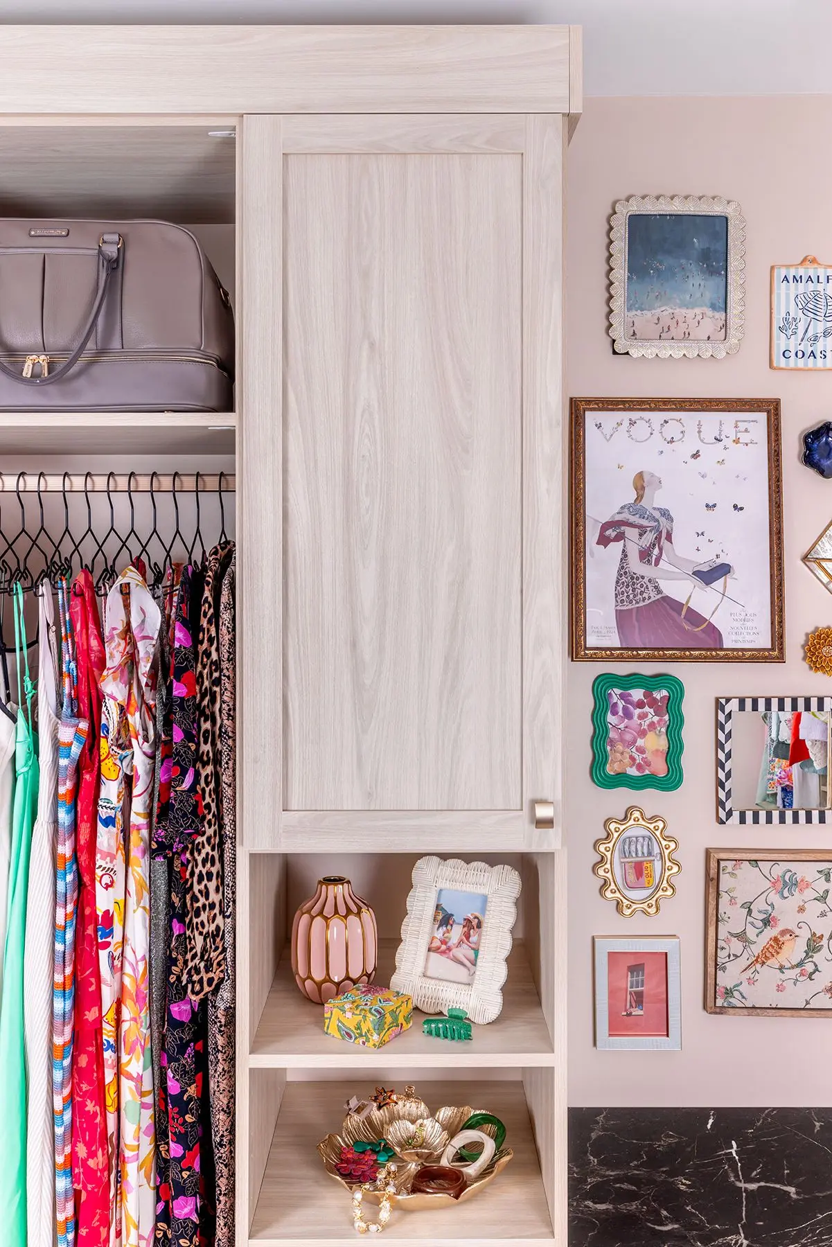 Custom closet organizer system with multi-level shelving and shoe storage