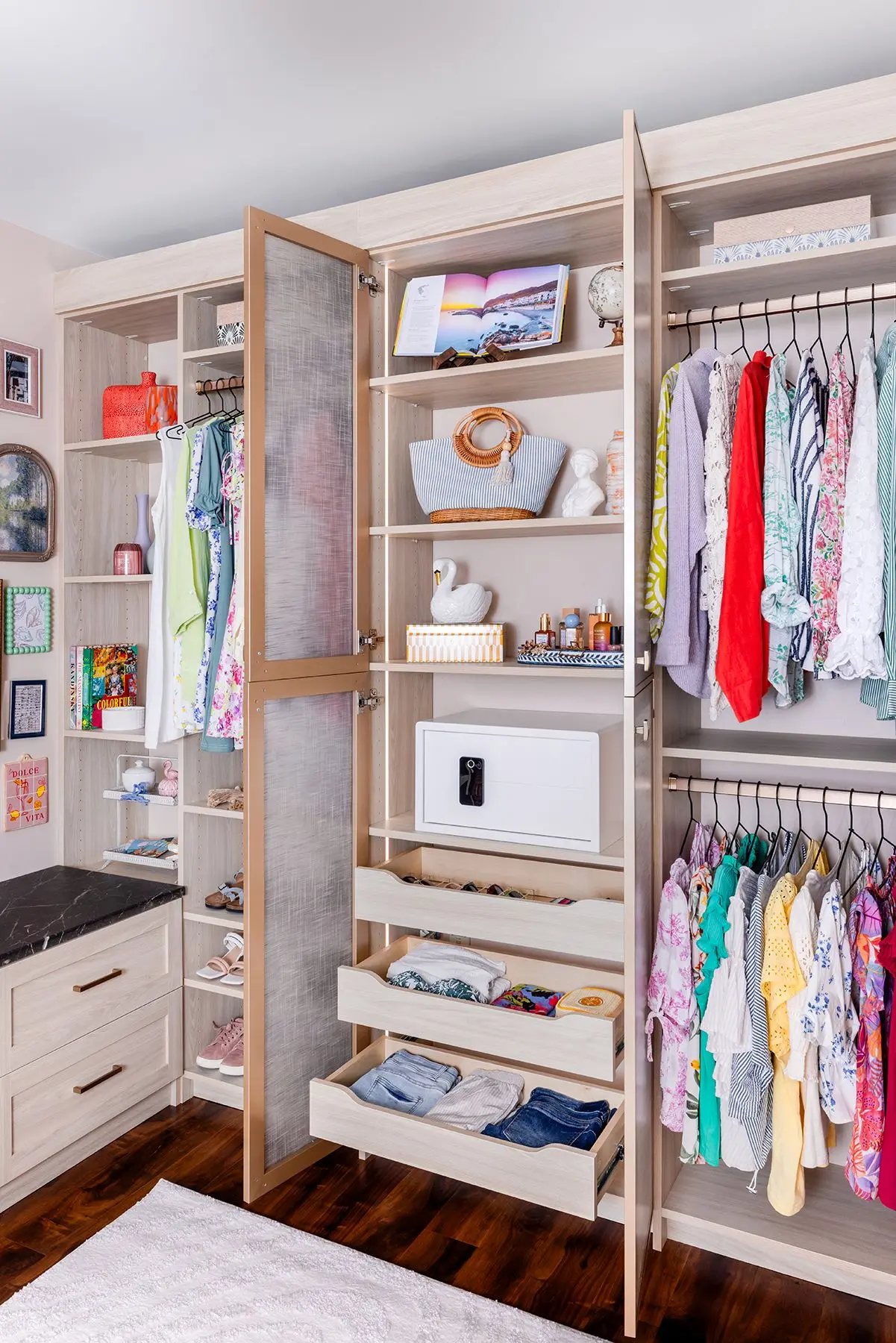 Bespoke boutique walk-in wardrobe layout showcasing a clean Dune texture