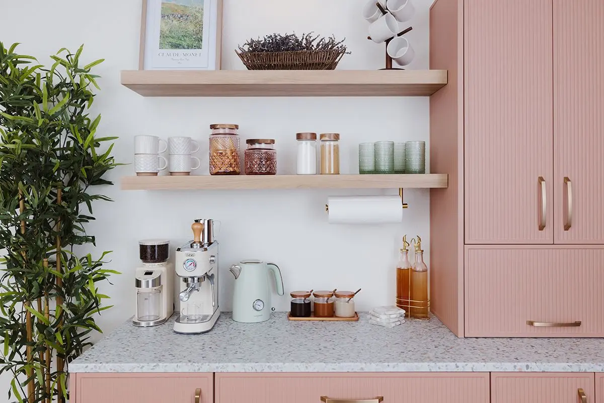 Modern terracotta pink dusk coffee bar beverage station near me featuring open display shelving floating shelves