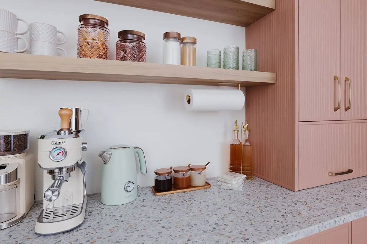 Elegant coffee station organizers near me with custom mug hooks and storage drawers