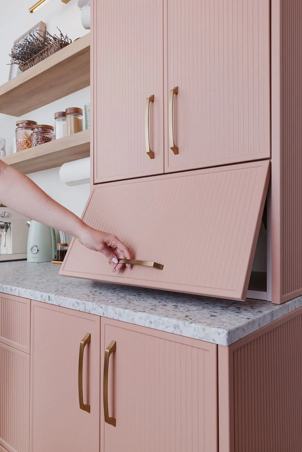 Bespoke reeded slim shaker cabinet door with elegant gold hardware handles