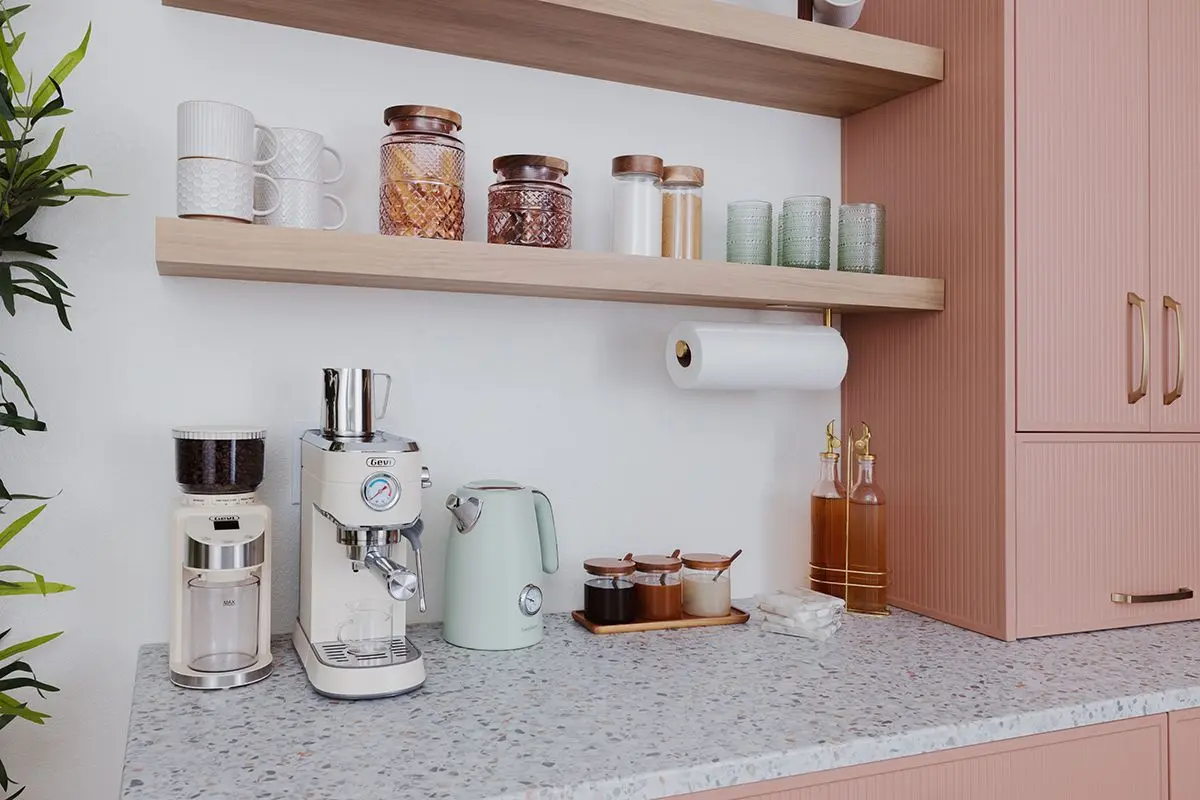 Premium pink entryway beverage station with custom stone countertop overlay