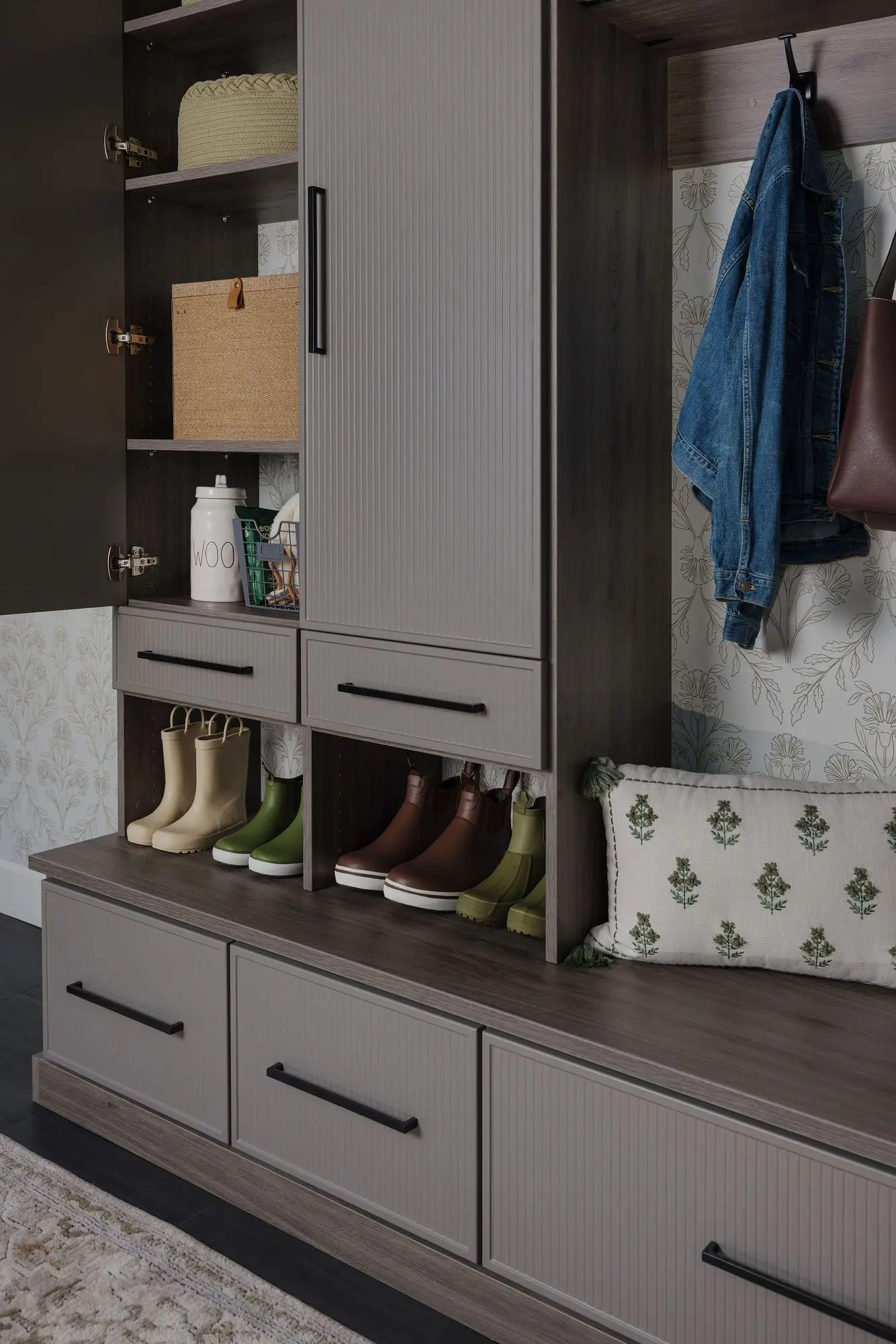 Premium grey mudroom organizer unit custom installed by a contractor in Fort Lauderdale