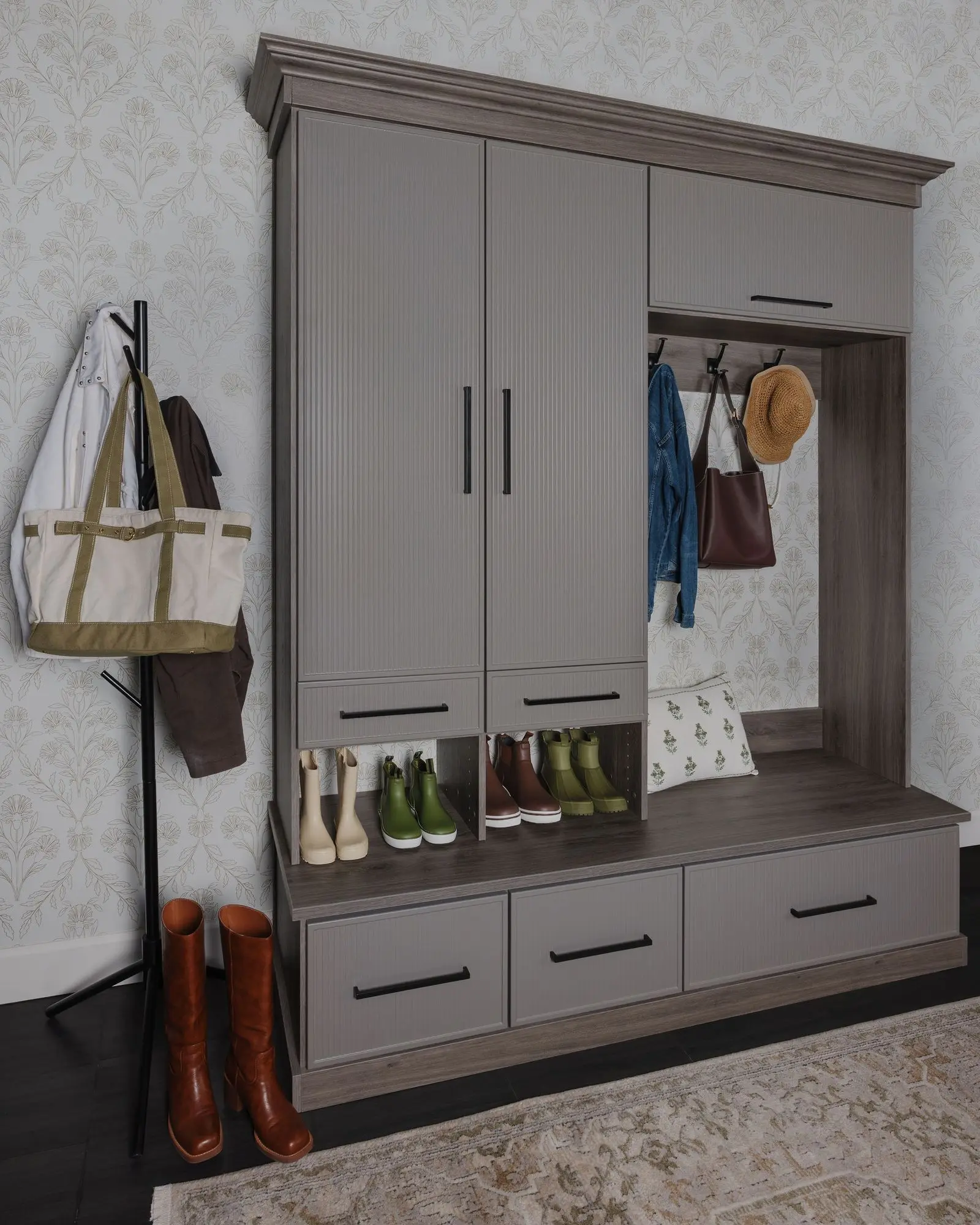 High end custom mudroom seating benches designed for a modern luxury home entryway