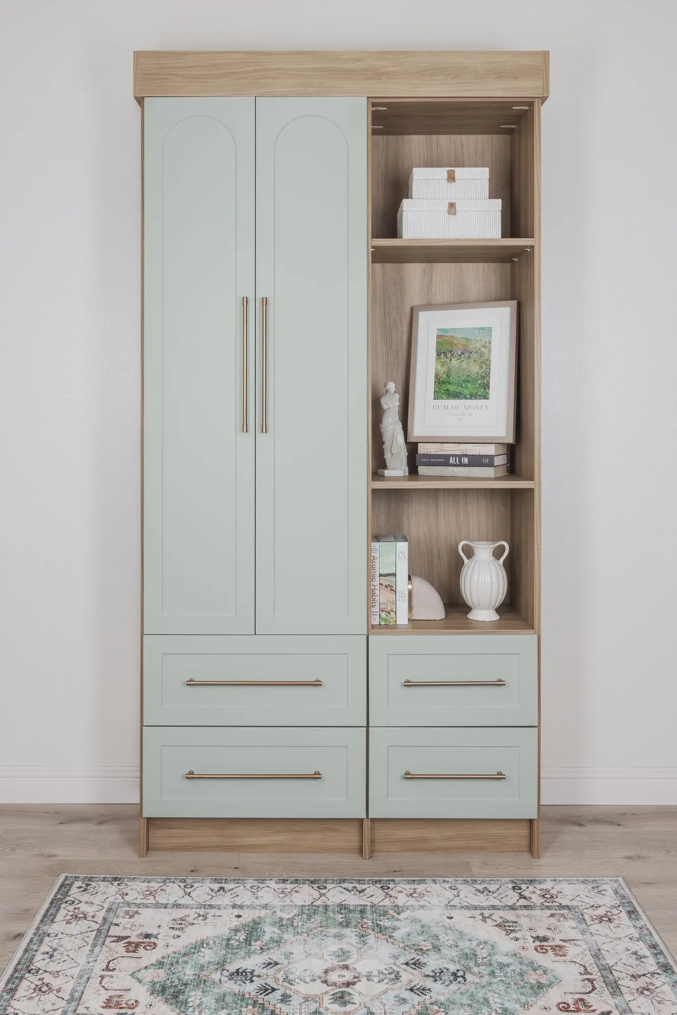 Custom dakota wood bookshelf unit featuring built in storage drawers and open upper display shelving