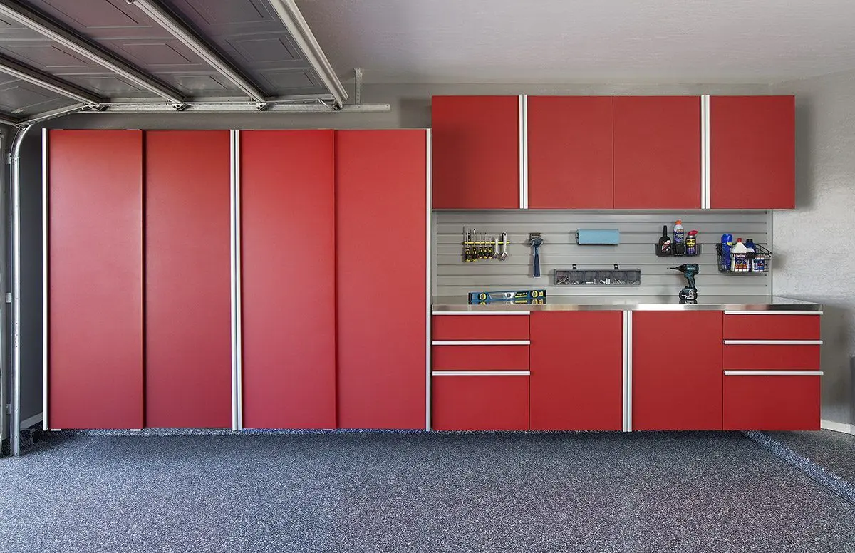 Custom lava finish garage cabinets with integrated workbench counter space