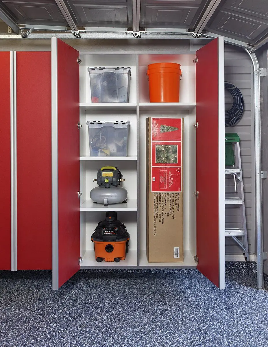 Sleek dark lava garage closets featuring overhead storage units