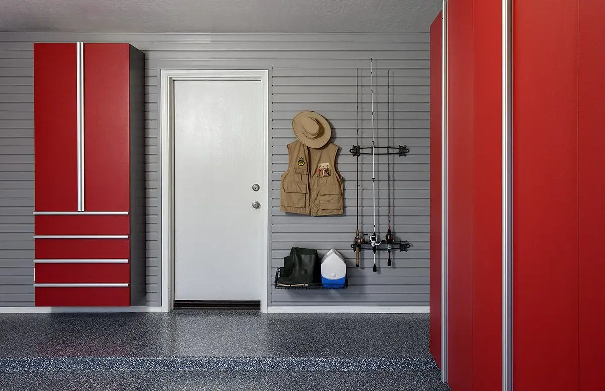 Close up view of clean lava garage cabinetry and hardware