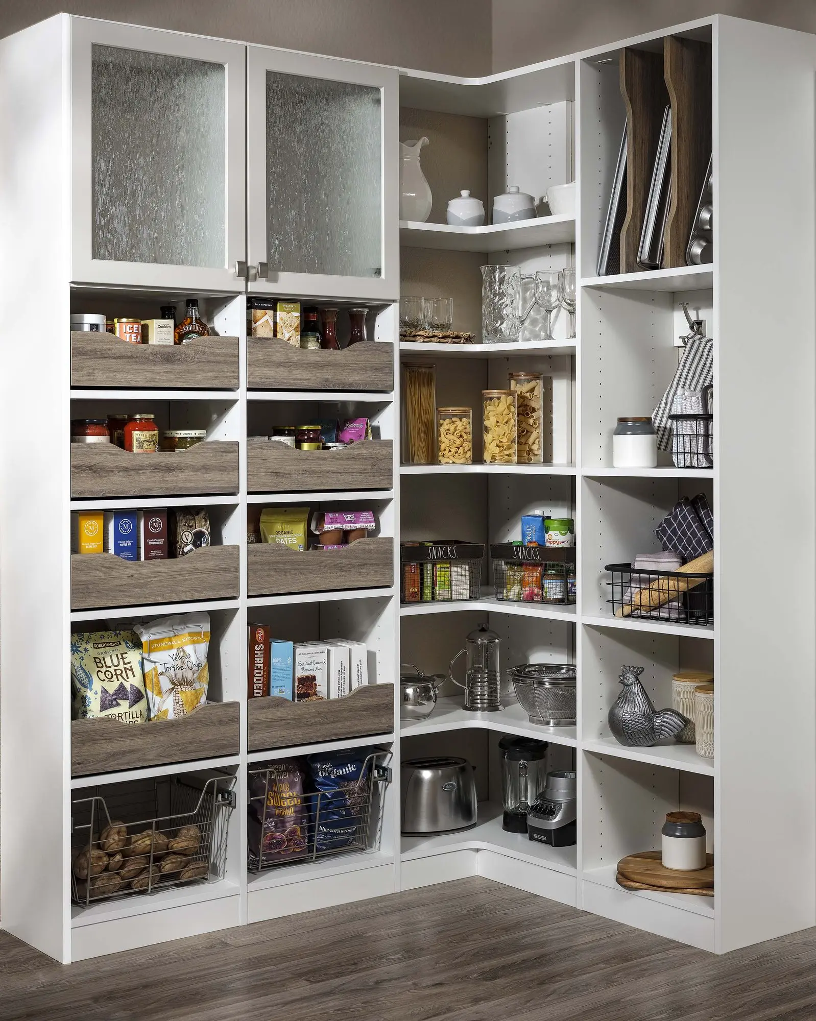 Custom walk in pantry with open corner shelving and built in wine racks