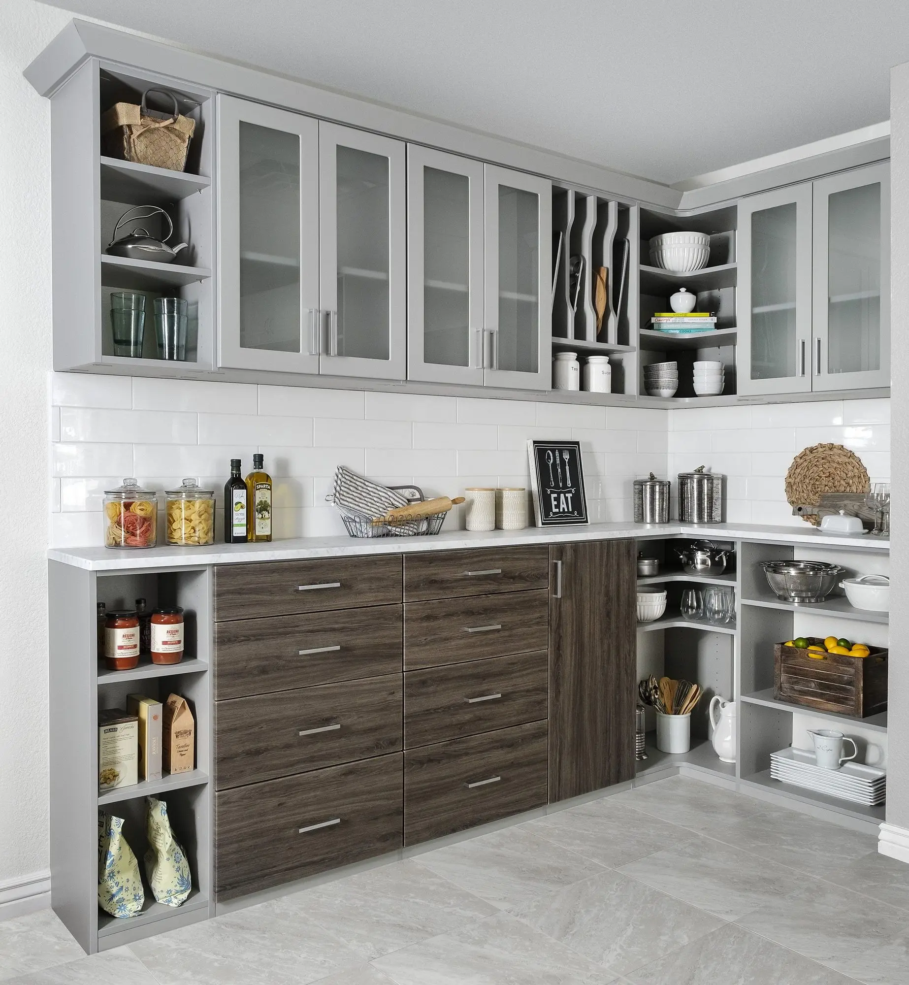 Luxury drift wood textured pantry storage cabinet units installed in Boca Raton