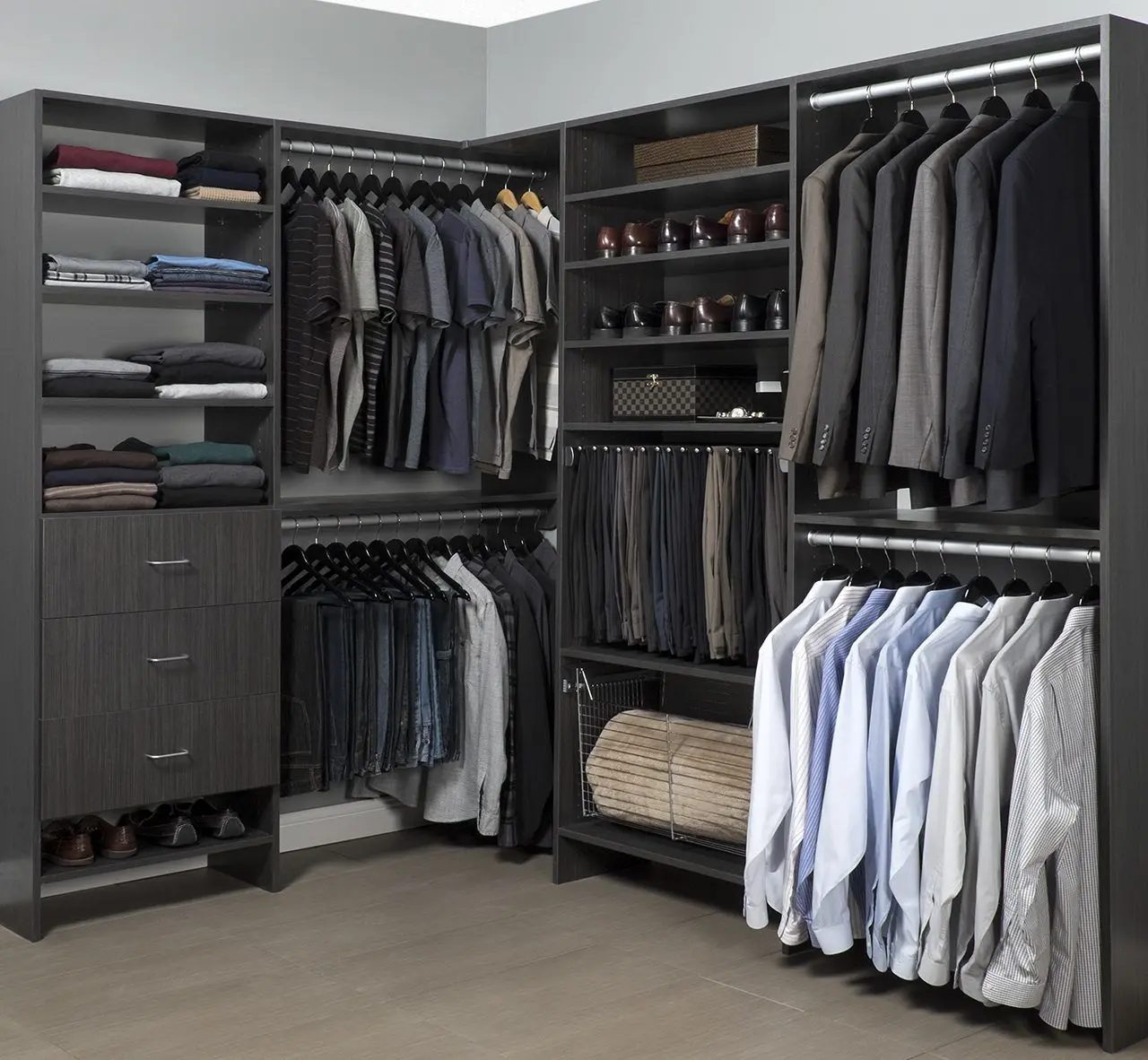 Sleek licorice finish custom walk-in closet organizers with multi level hanging rods