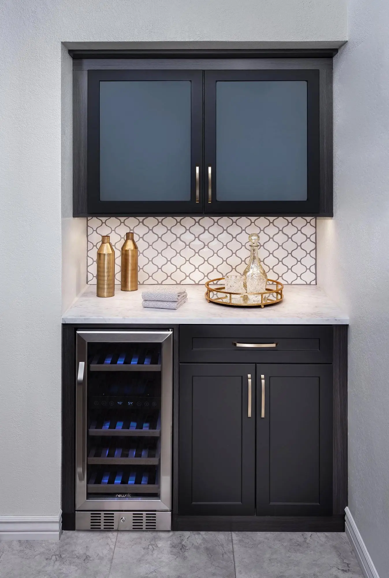 Custom raven black one piece shaker bar cabinetry with integrated wine cooler fridge near me in fort lauderdale