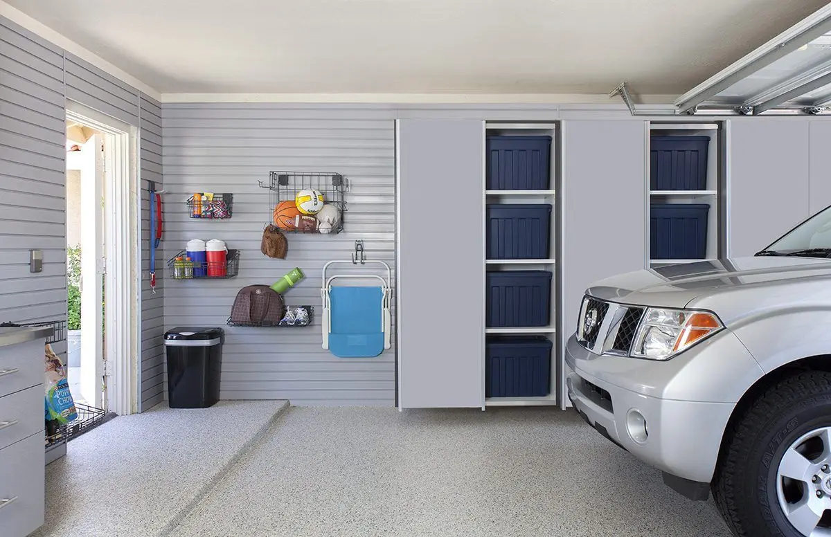 Custom silver garage cabinets with a clean modern finish