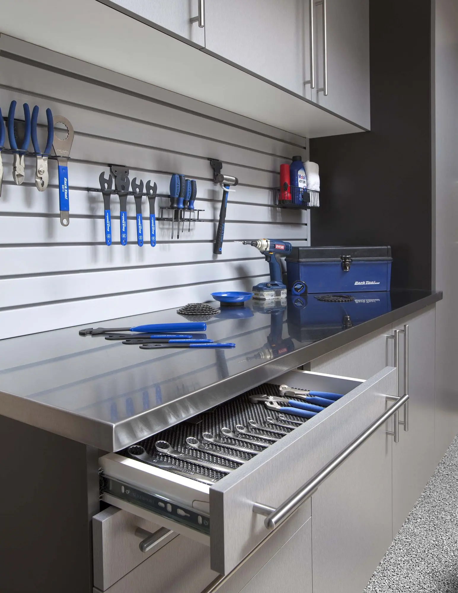 Premium silver garage cabinet makeover completed in Sunrise Florida