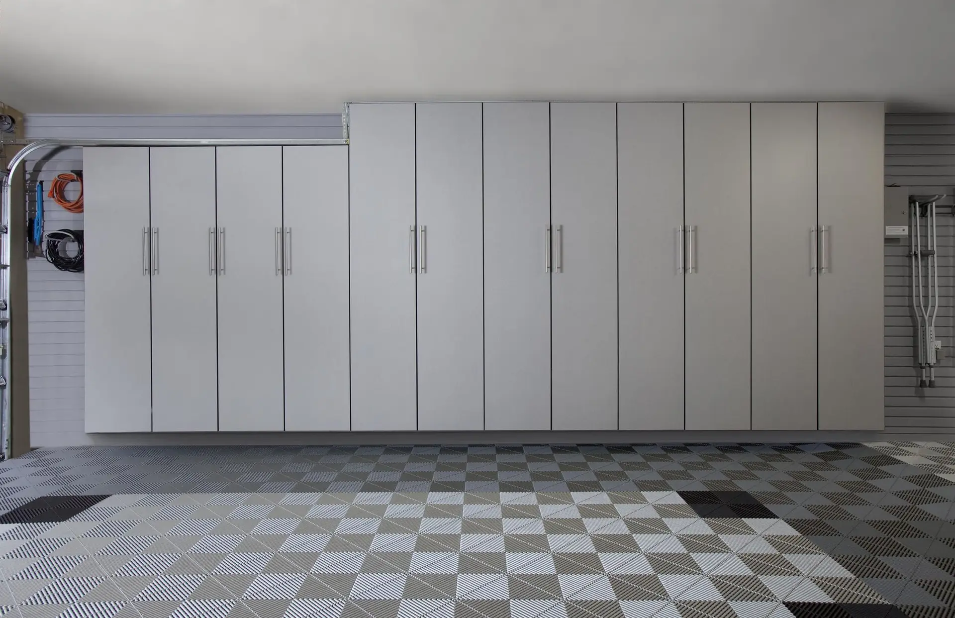 Durable silver garage cabinets and workbench configurations near me
