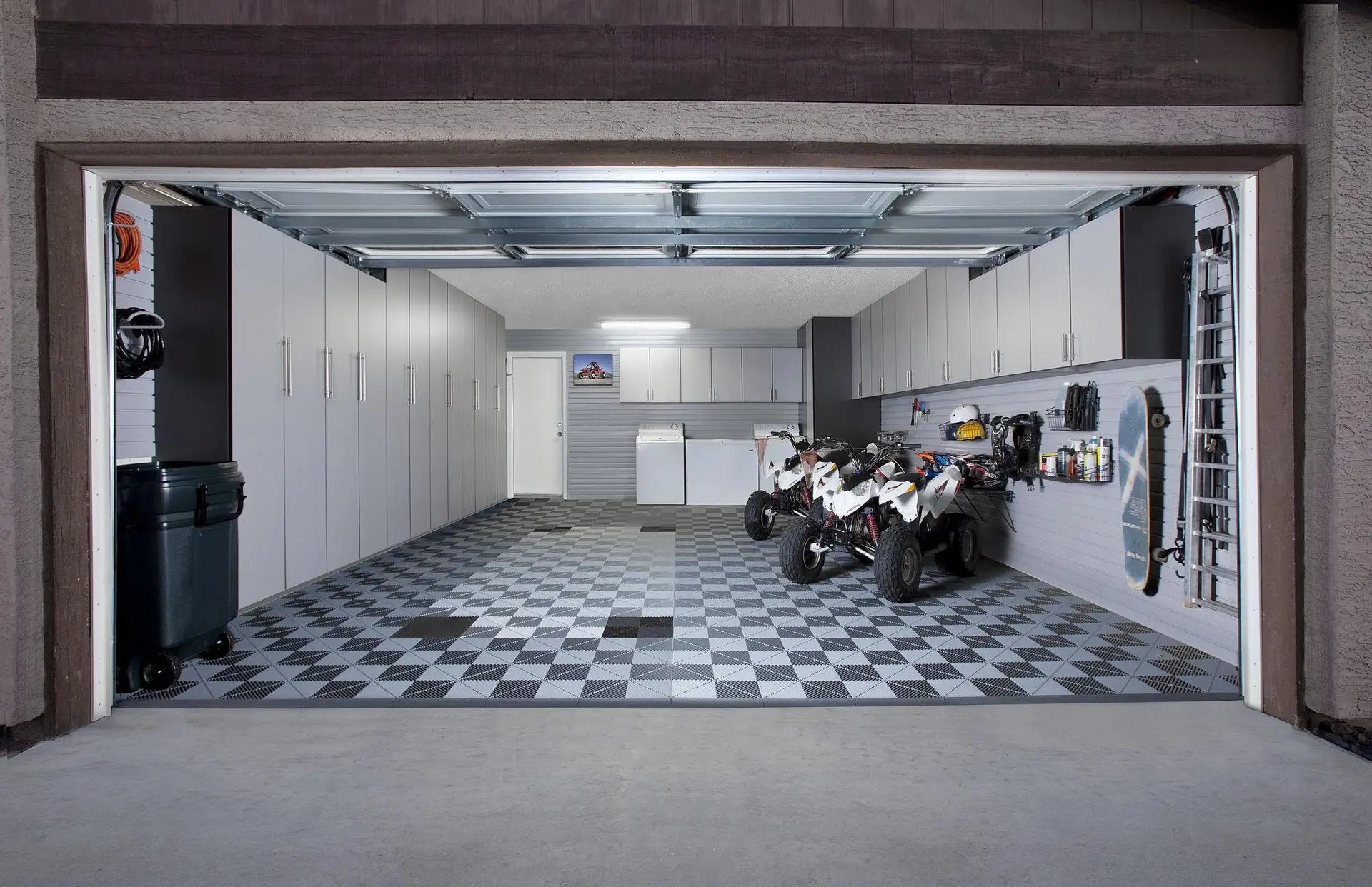 Modern silver garage wall storage units crafted for a Parkland home