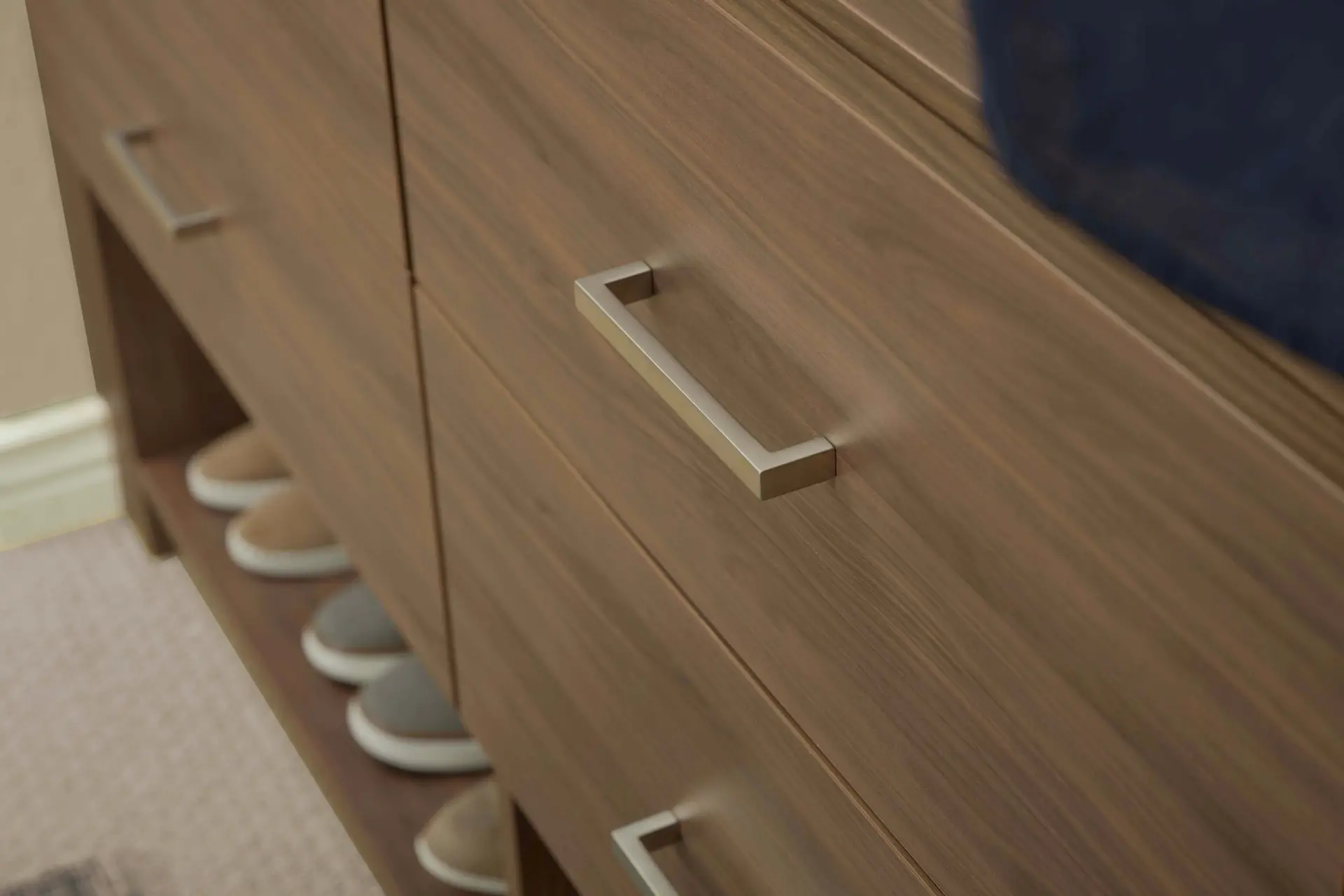 Tahoe natural wood finish custom closet design Weston layout highlighting premium hardware