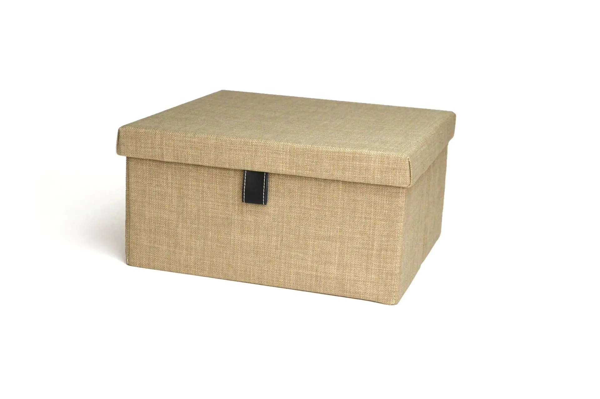 Tan fabric decorative storage box with handle for custom closet shelves in Weston