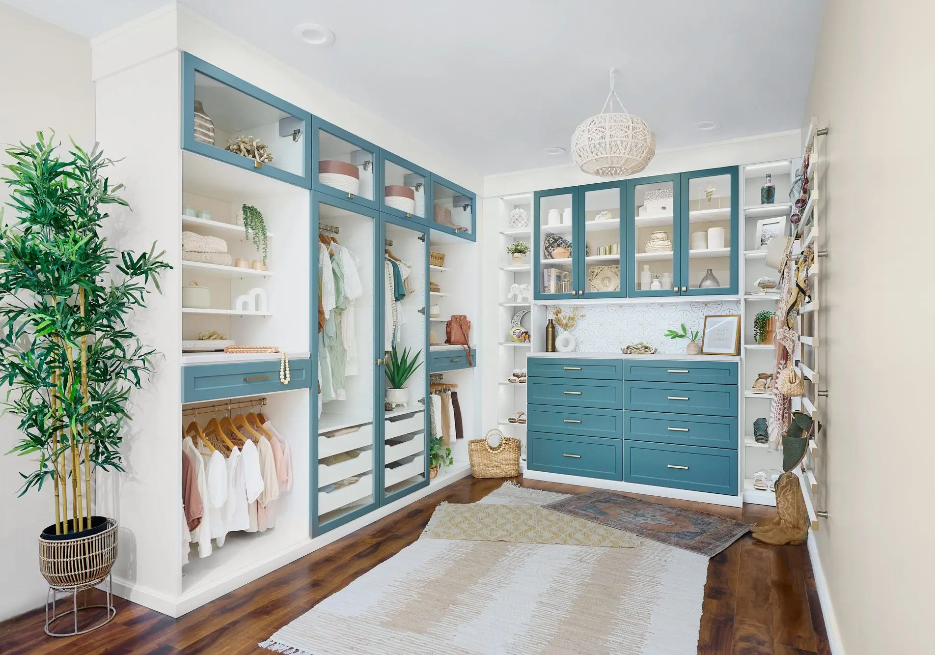 Premium walk-in closet organizers featuring a modern White and Lagoon finish