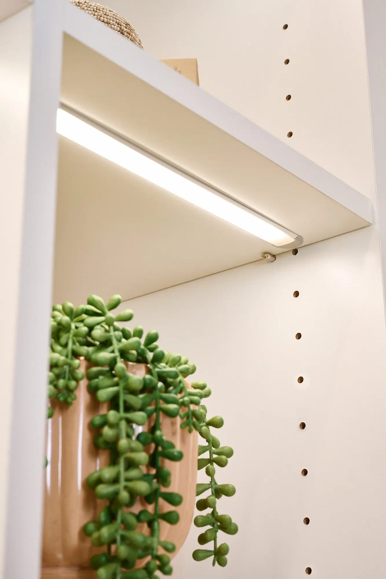 Custom wardrobe storage configuration with overhead storage and double hanging rods