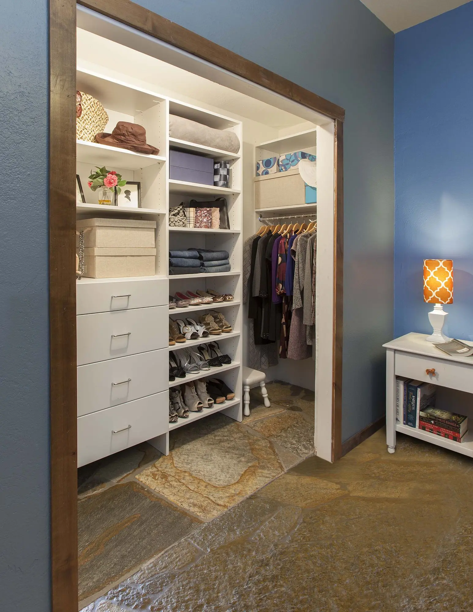 White custom closets Broward County FL design with modern drawers and open shelving